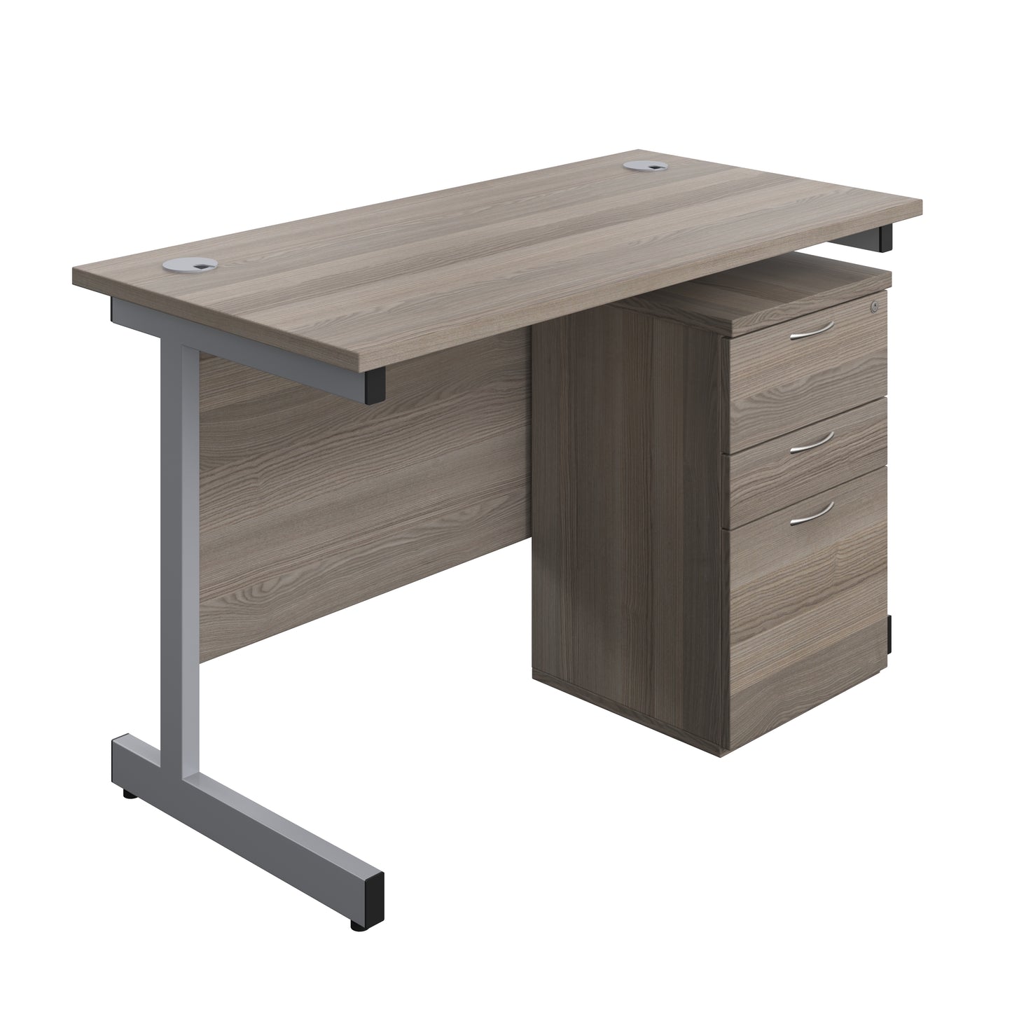 Aztec|Single Upright|Rectangular|Desk and High Mobile Pedestal 3 Drawer|1200x600|Grey Oak-Silver