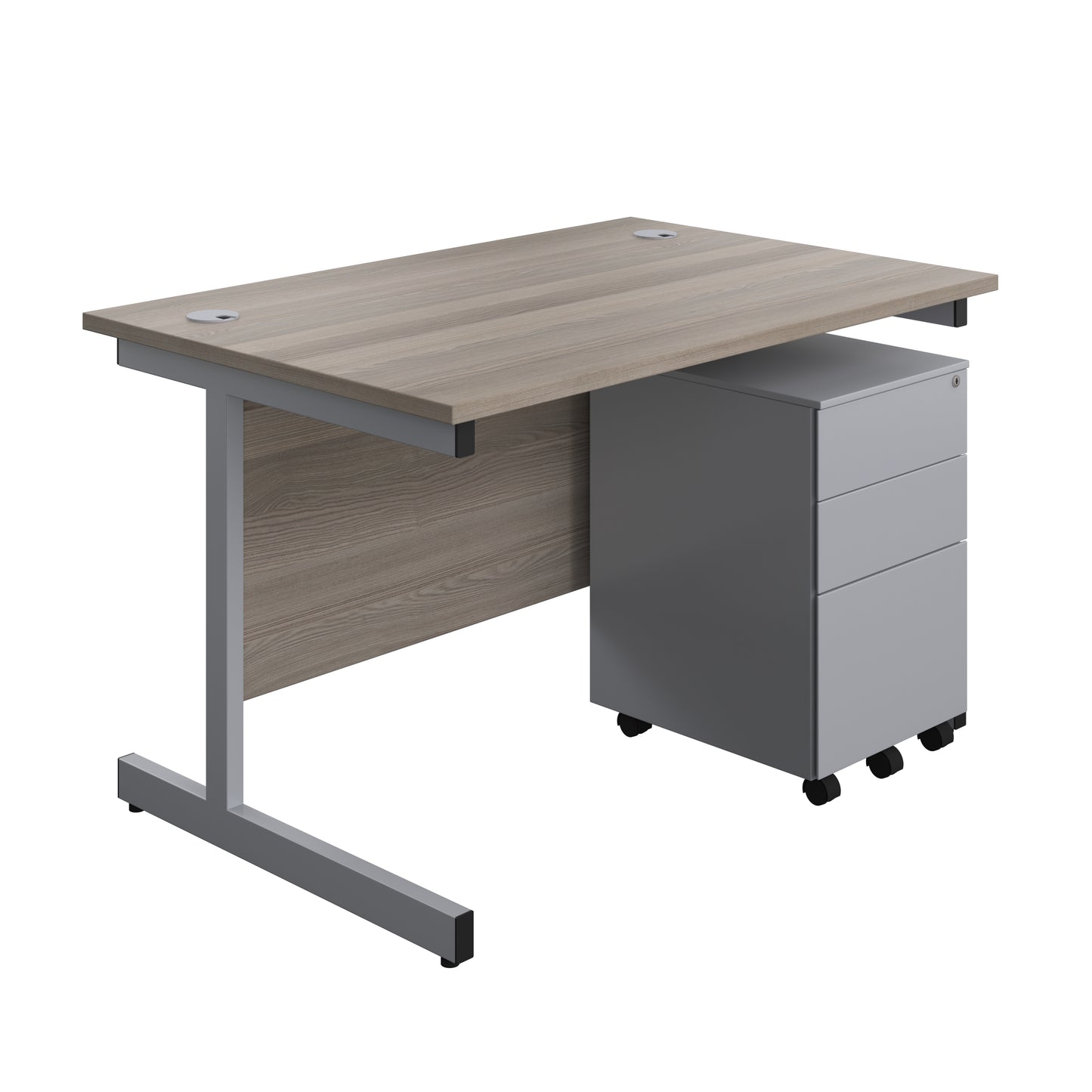 Aztec|Single Upright|Rectangular|Desk and Under Desk Steel Pedestal 3 Drawer|1200x800|Grey Oak-Silver