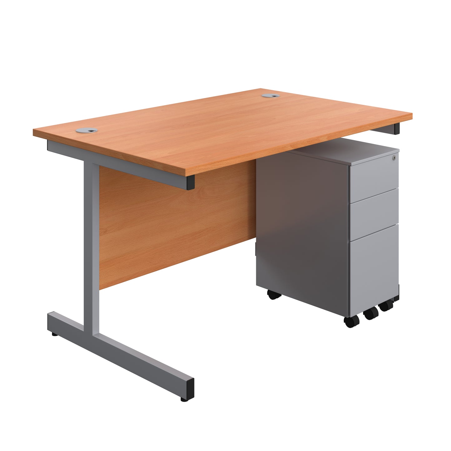 Aztec|Single Upright|Rectangular|Desk and Slimline Steel Pedestal 3 Drawer|1200x800|Beech-Silver
