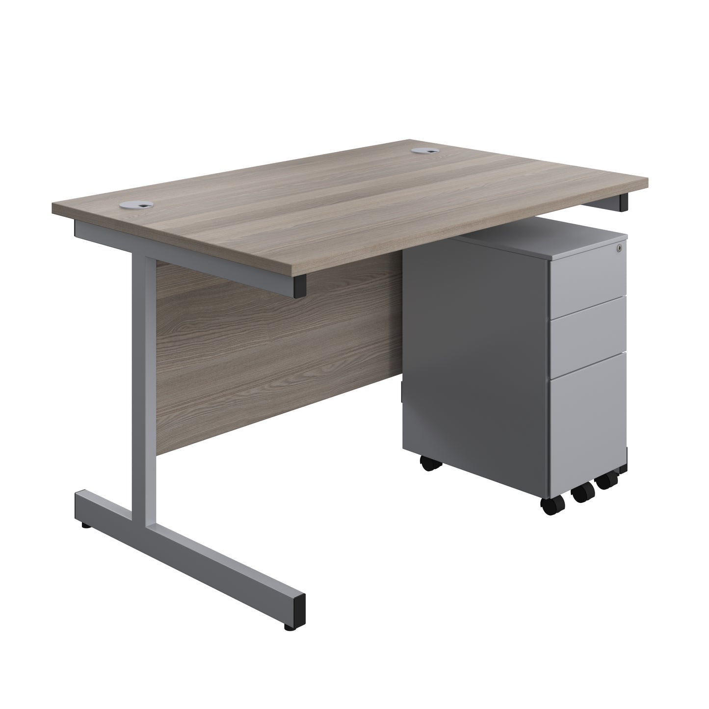 Aztec|Single Upright|Rectangular|Desk and Slimline Steel Pedestal 3 Drawer|1200x800|Grey Oak-Silver