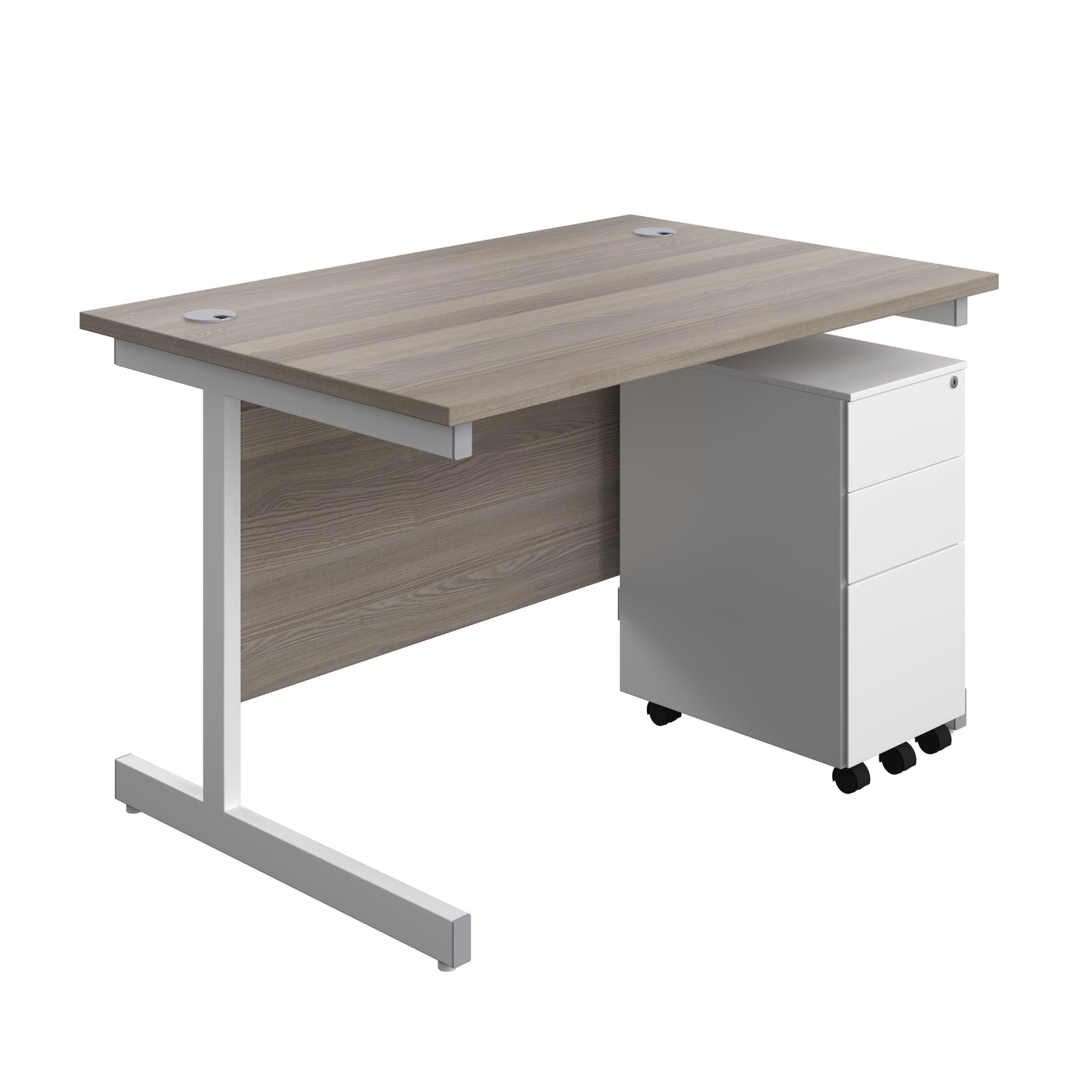 Aztec|Single Upright|Rectangular|Desk and Slimline Steel Pedestal 3 Drawer|1200x800|Grey Oak-White