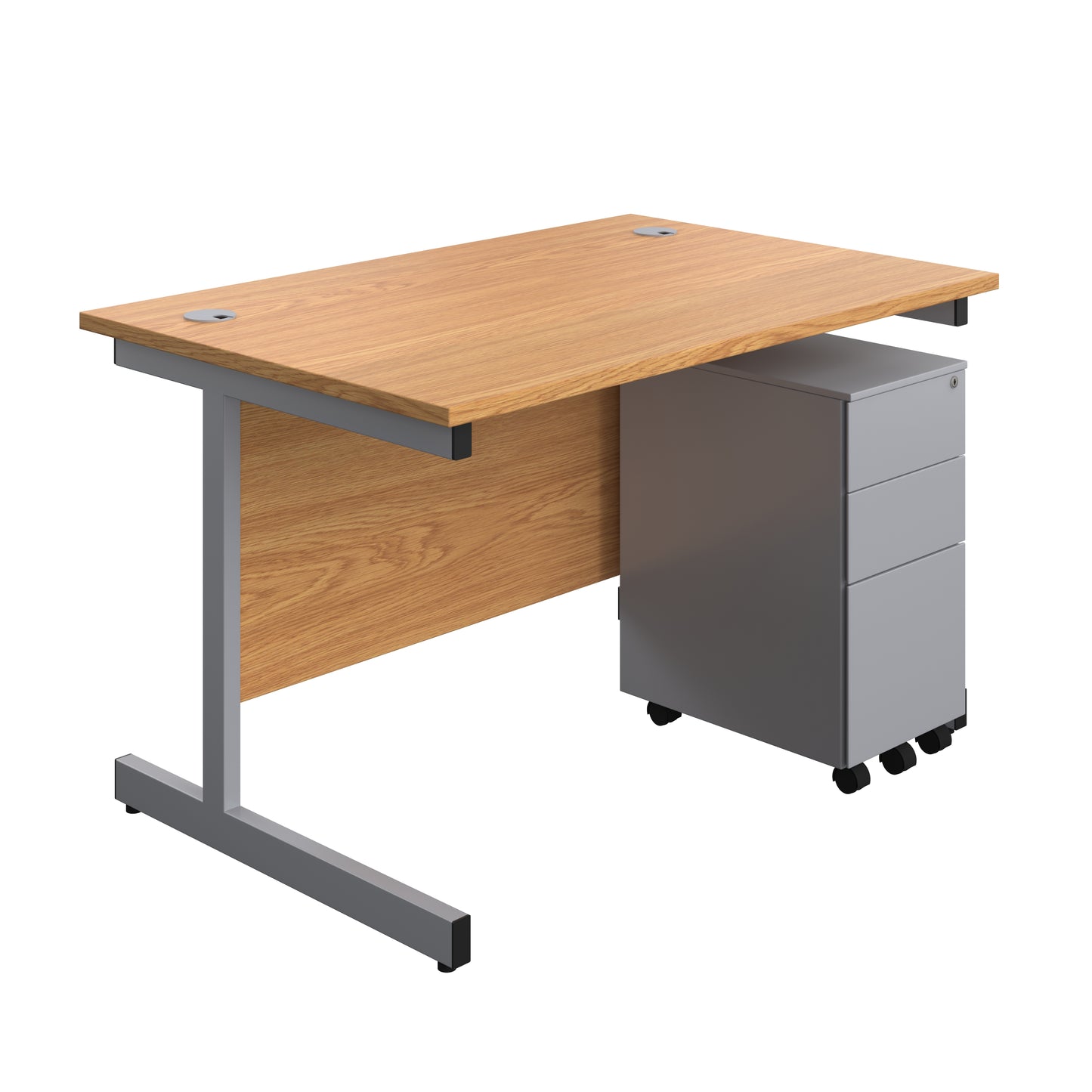 Aztec|Single Upright|Rectangular|Desk and Slimline Steel Pedestal 3 Drawer|1200x800|Nova Oak-Silver
