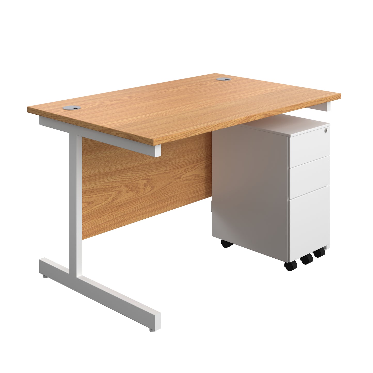 Aztec|Single Upright|Rectangular|Desk and Slimline Steel Pedestal 3 Drawer|1200x800|Nova Oak-White