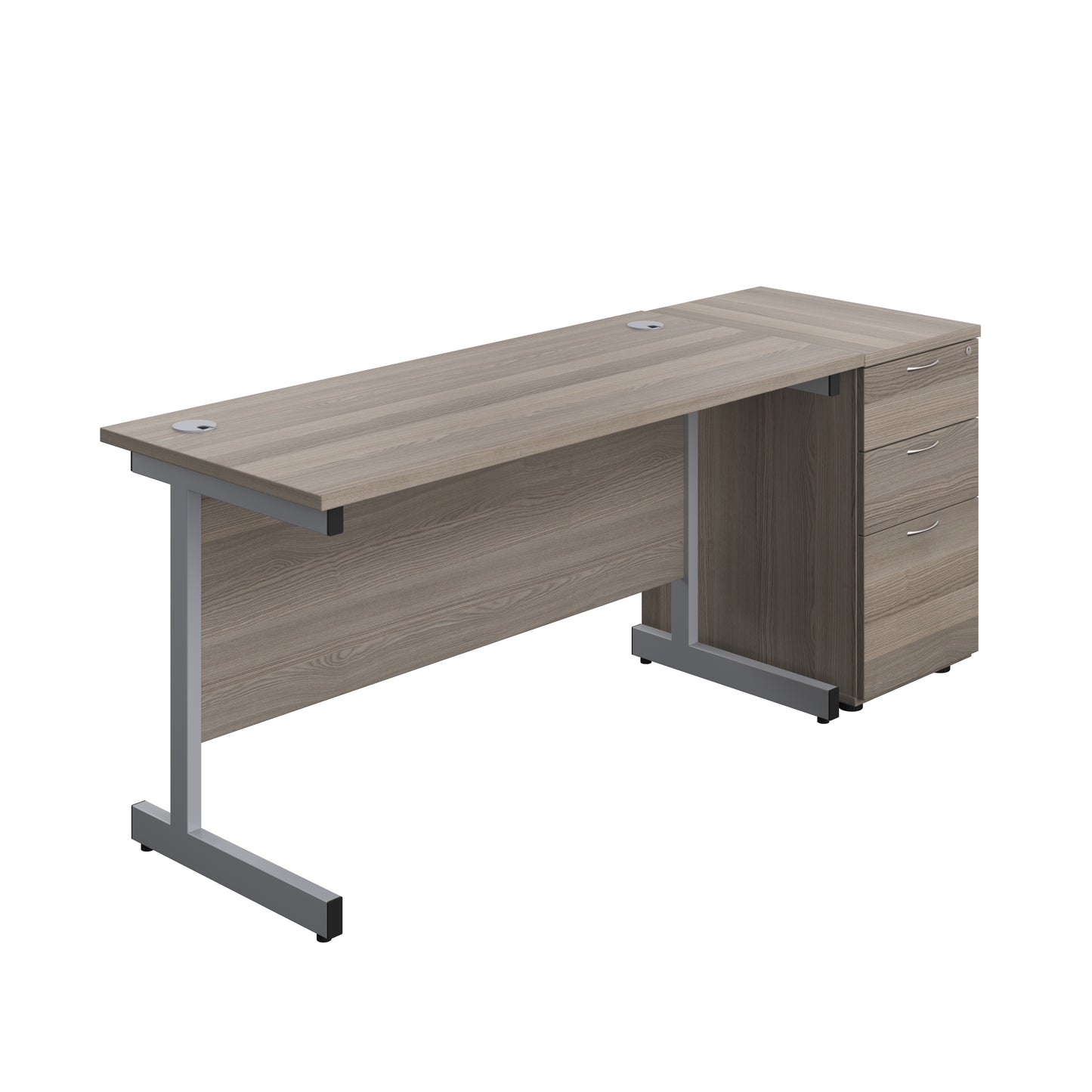 Aztec|Single Upright|Rectangular|Desk and Desk High 3 Drawer Pedestal|1400x600|Grey Oak-Silver