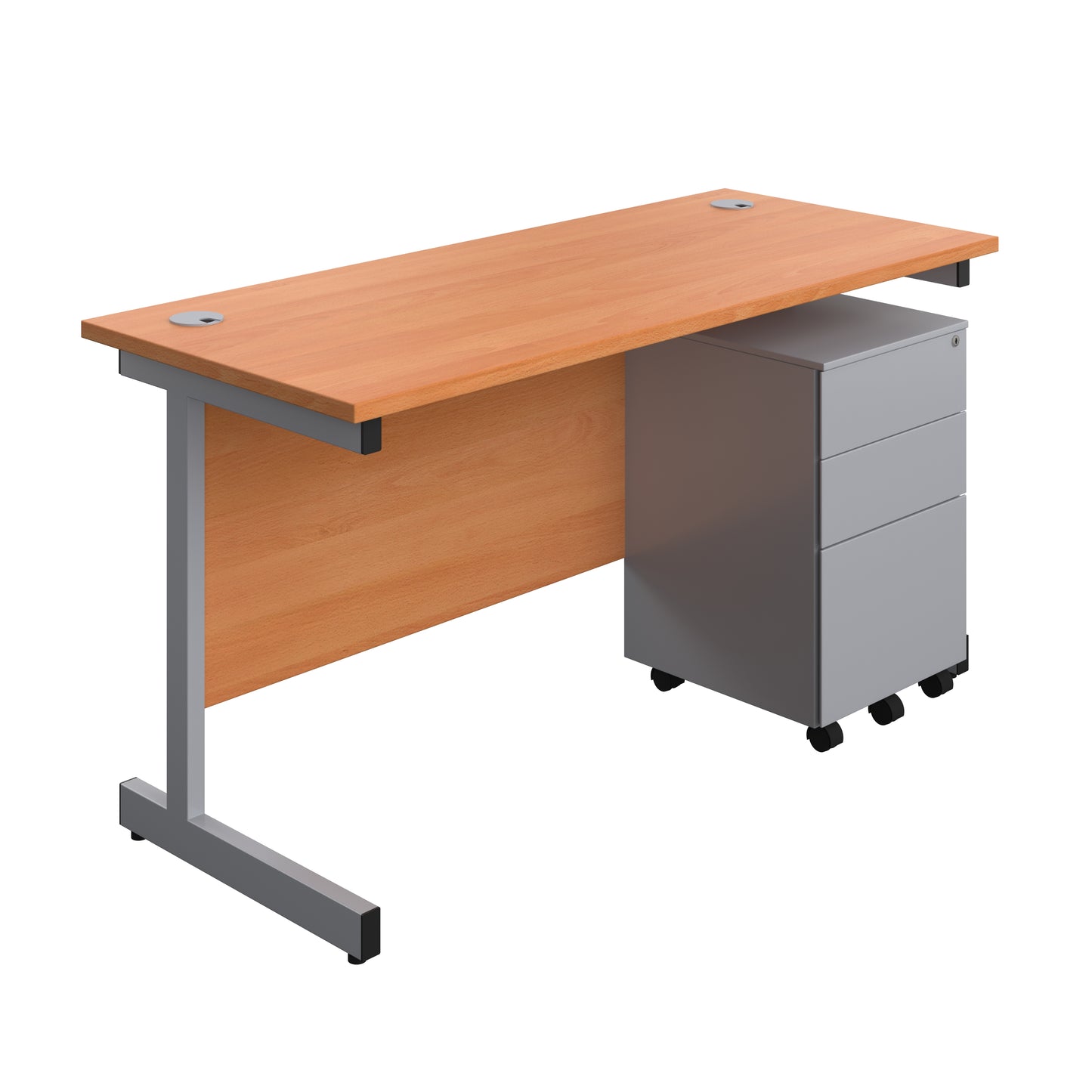 Aztec|Single Upright|Rectangular|Desk and Under Desk Steel Pedestal 3 Drawer|1400x600|Beech-Silver