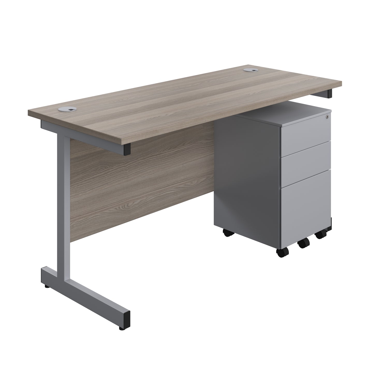 Aztec|Single Upright|Rectangular|Desk and Under Desk Steel Pedestal 3 Drawer|1400x600|Grey Oak-Silver