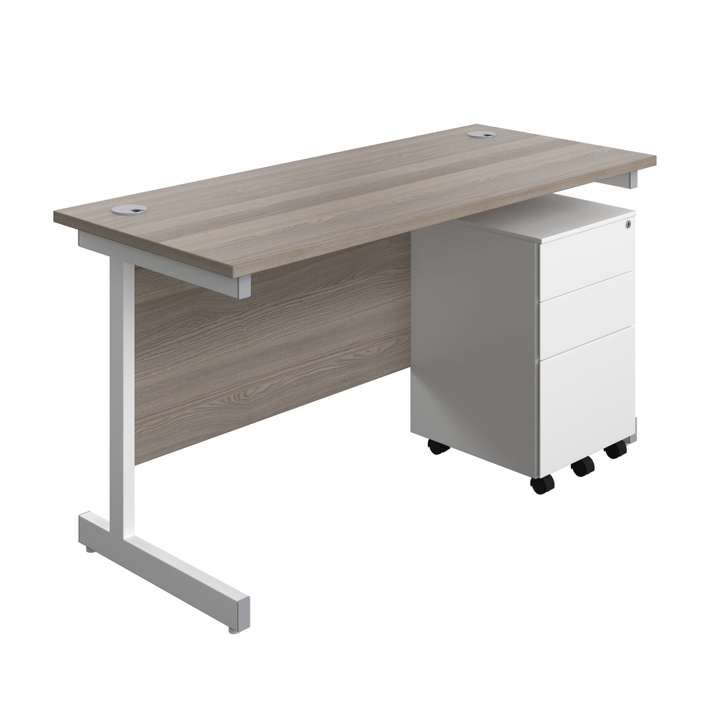 Aztec|Single Upright|Rectangular|Desk and Under Desk Steel Pedestal 3 Drawer|1400x600|Grey Oak-White