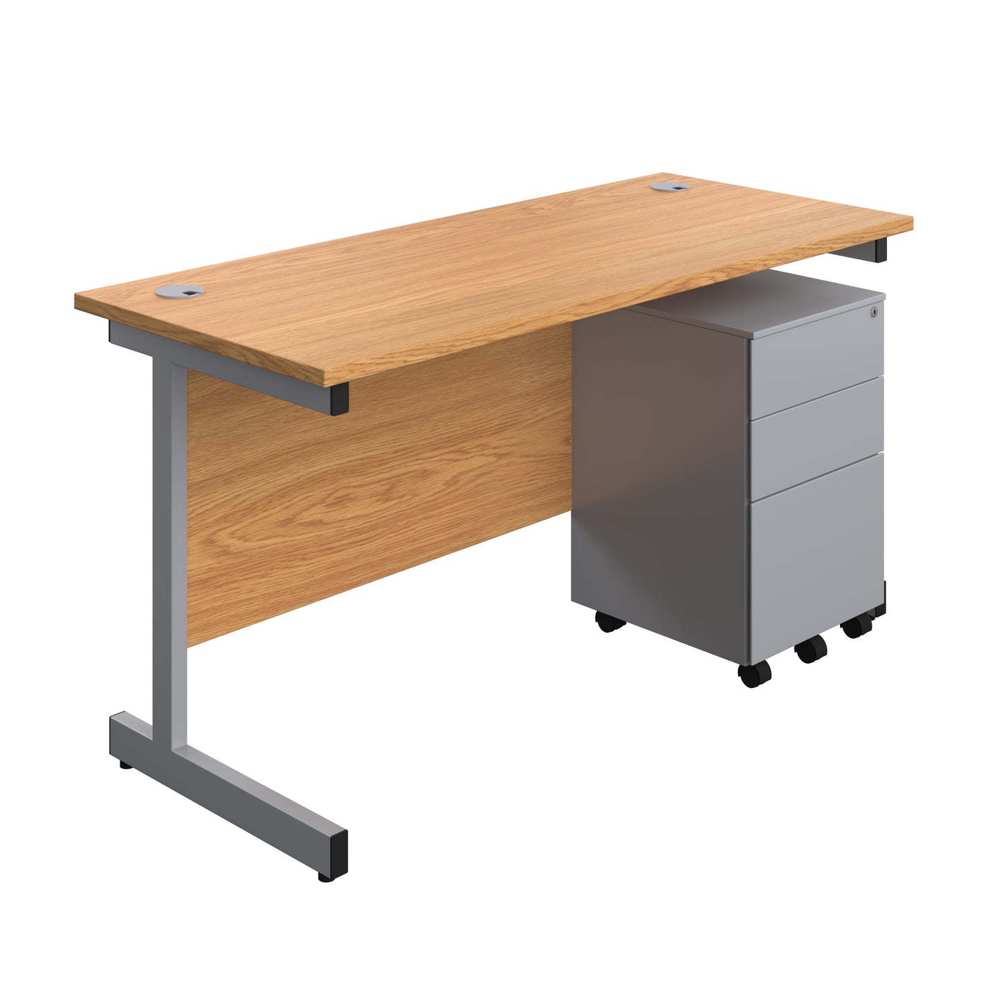 Aztec|Single Upright|Rectangular|Desk and Under Desk Steel Pedestal 3 Drawer|1400x600|Nova Oak-Silver
