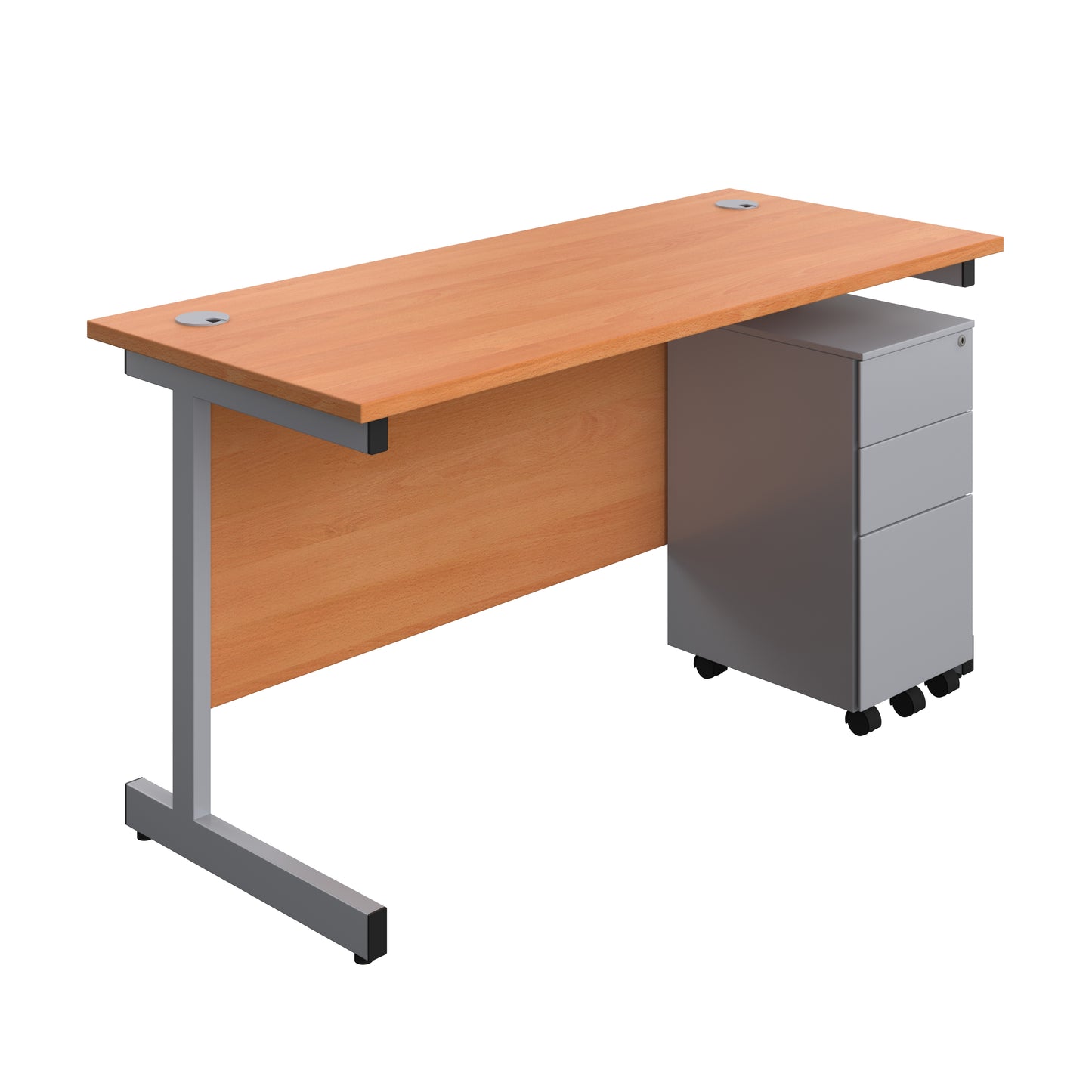 Aztec|Single Upright|Rectangular|Desk and Slimline Steel Pedestal 3 Drawer|1400x600|Beech-Silver