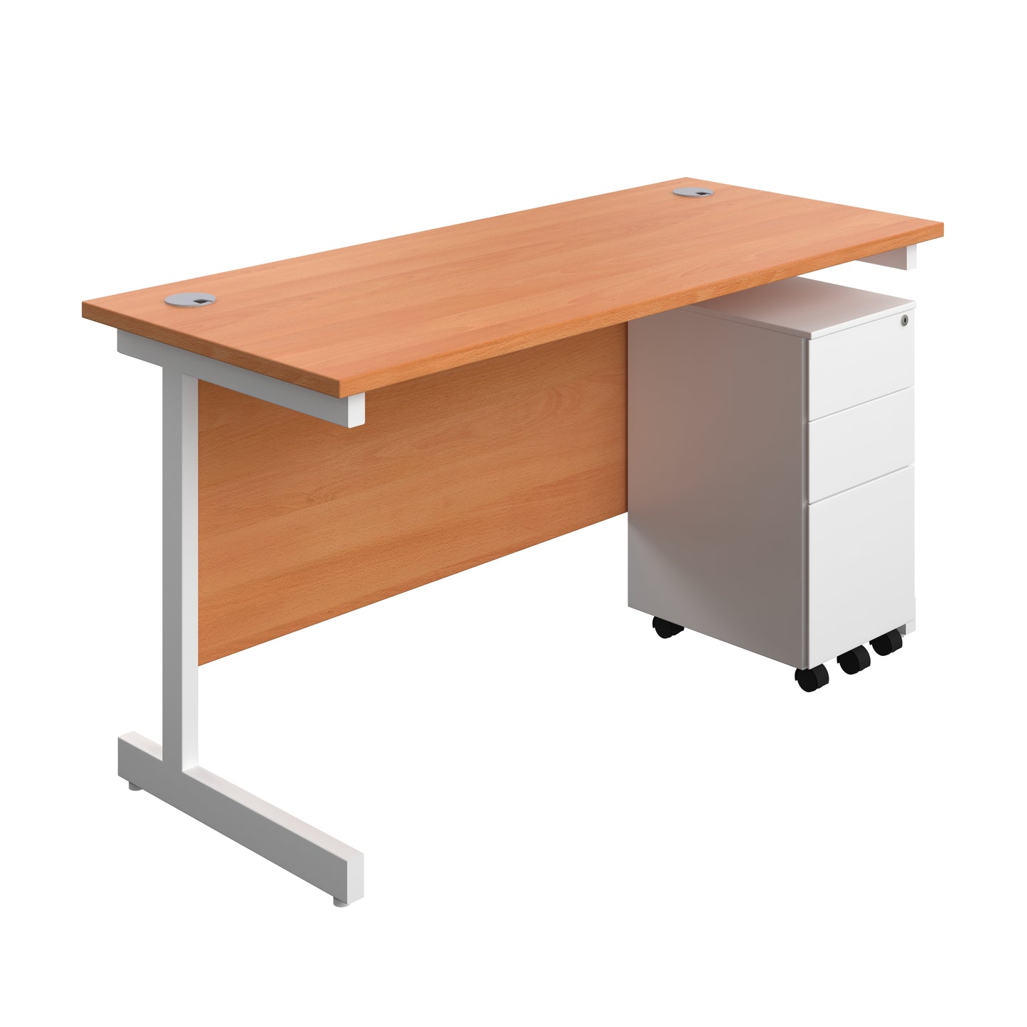 Aztec|Single Upright|Rectangular|Desk and Slimline Steel Pedestal 3 Drawer|1400x600|Beech-White