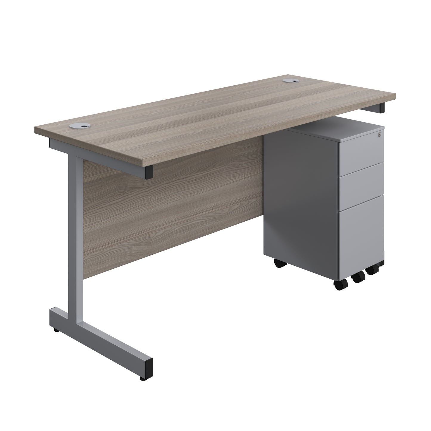 Aztec|Single Upright|Rectangular|Desk and Slimline Steel Pedestal 3 Drawer|1400x600|Grey Oak-Silver