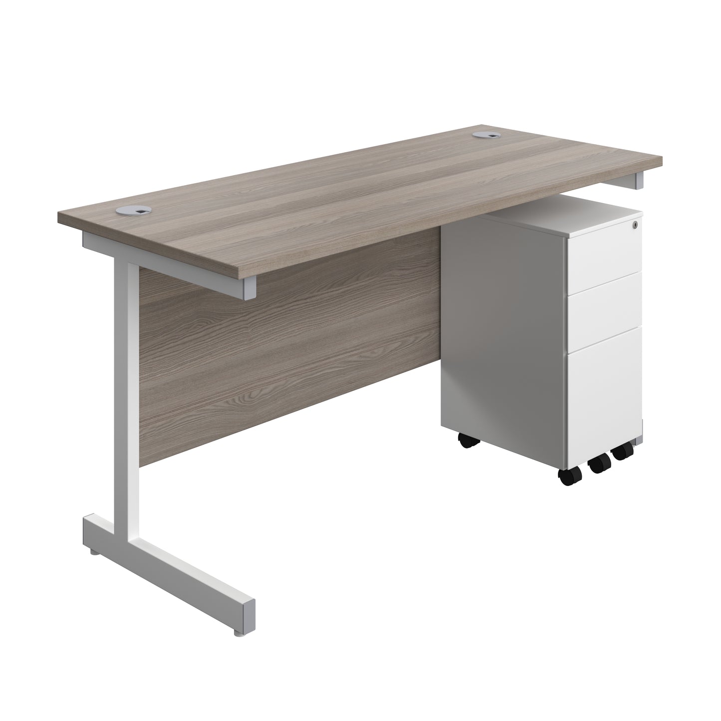 Aztec|Single Upright|Rectangular|Desk and Slimline Steel Pedestal 3 Drawer|1400x600|Grey Oak-White