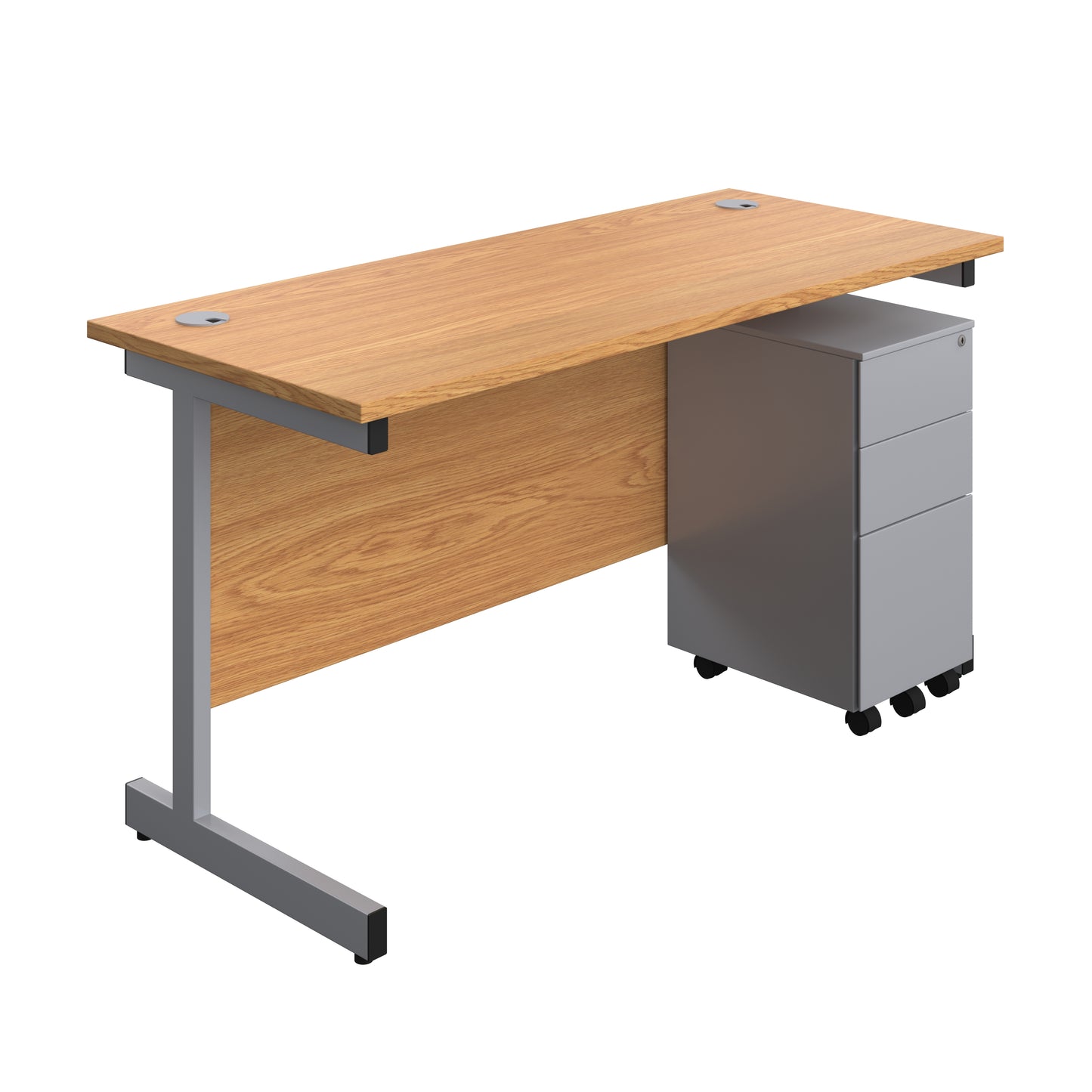 Aztec|Single Upright|Rectangular|Desk and Slimline Steel Pedestal 3 Drawer|1400x600|Nova Oak-Silver