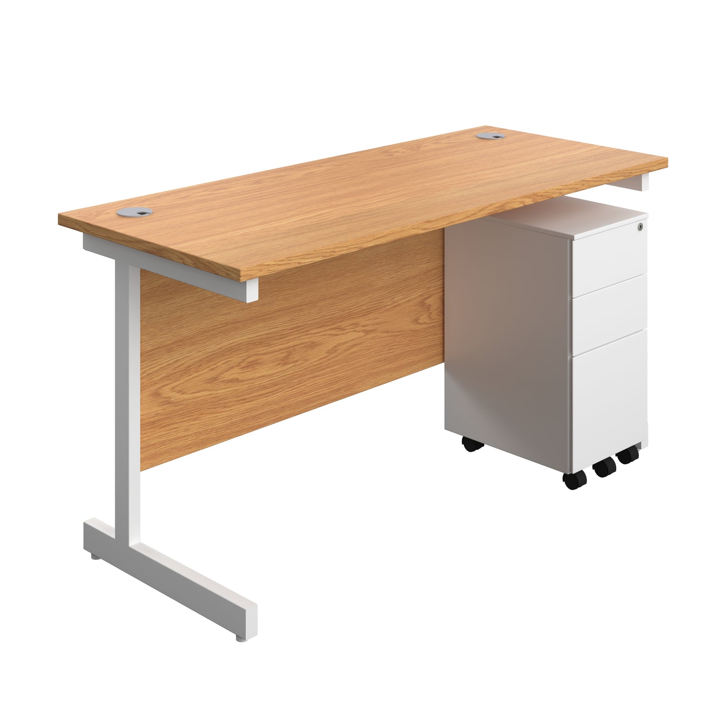 Aztec|Single Upright|Rectangular|Desk and Slimline Steel Pedestal 3 Drawer|1400x600|Nova Oak-White