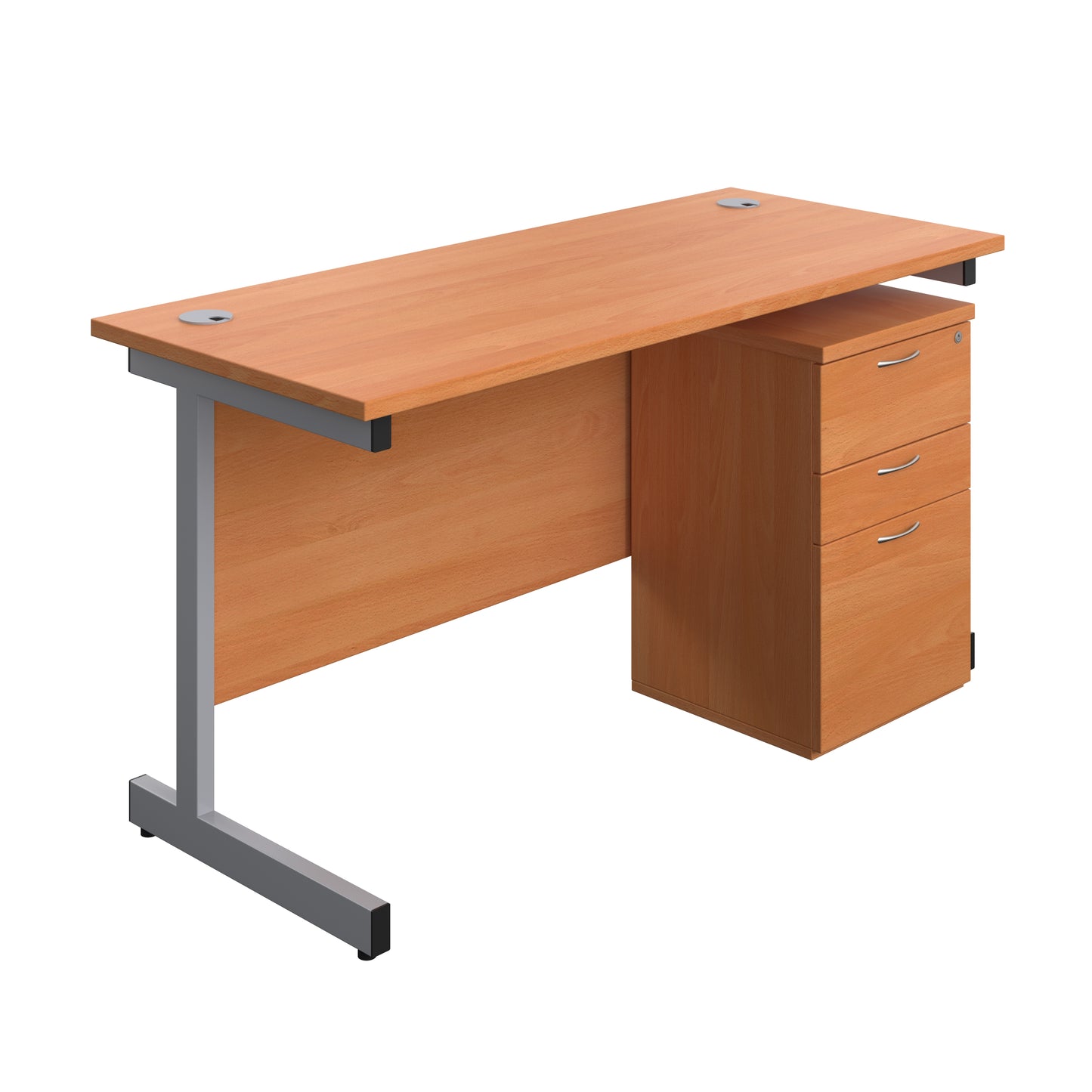 Aztec|Single Upright|Rectangular|Desk and High Mobile Pedestal 3 Drawer|1400x600|Beech-Silver