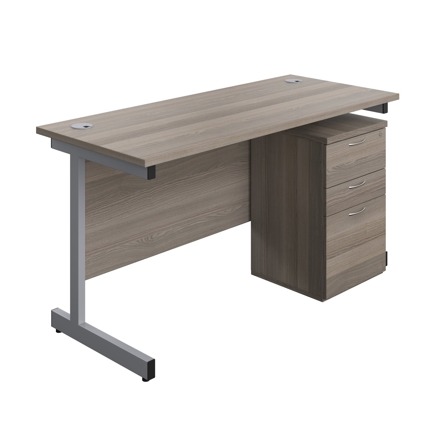 Aztec|Single Upright|Rectangular|Desk and High Mobile Pedestal 3 Drawer|1400x600|Grey Oak-Silver