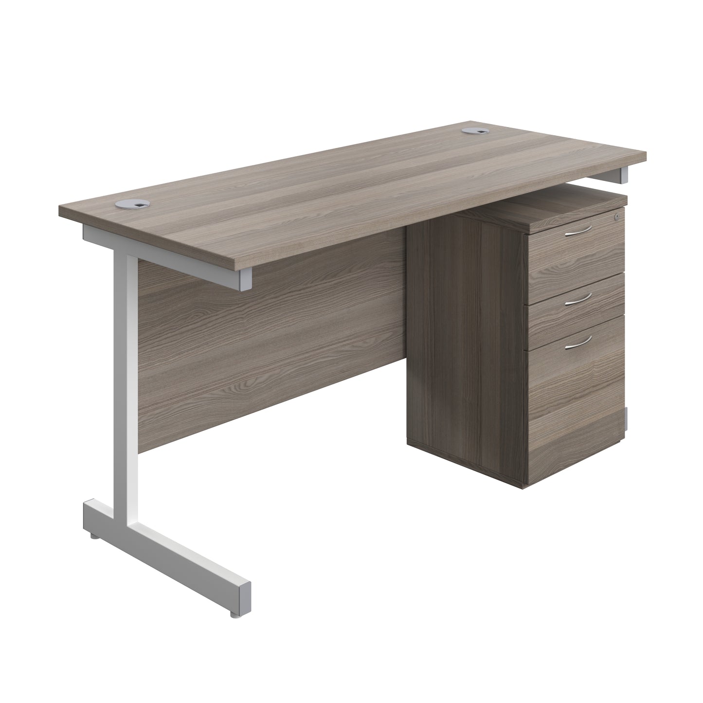 Aztec|Single Upright|Rectangular|Desk and High Mobile Pedestal 3 Drawer|1400x600|Grey Oak-White