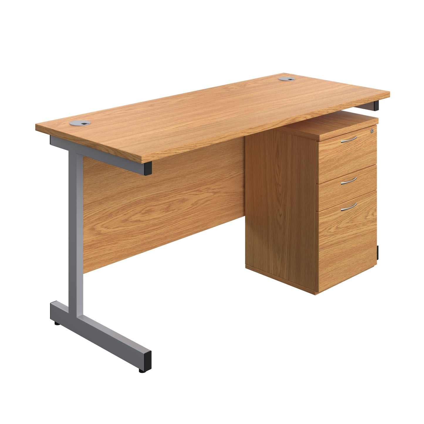 Aztec|Single Upright|Rectangular|Desk and High Mobile Pedestal 3 Drawer|1400x600|Nova Oak-Silver