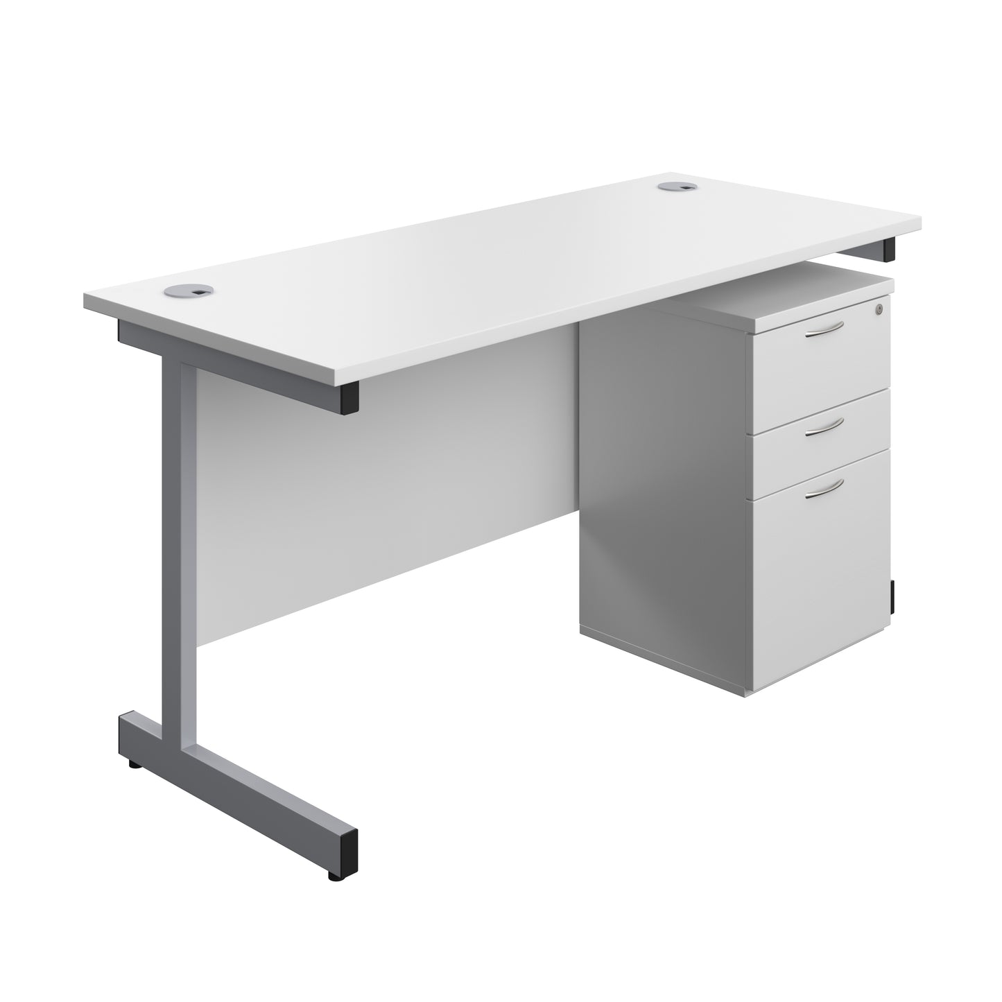 Aztec|Single Upright|Rectangular|Desk and High Mobile Pedestal 3 Drawer|1400x600|White-Silver
