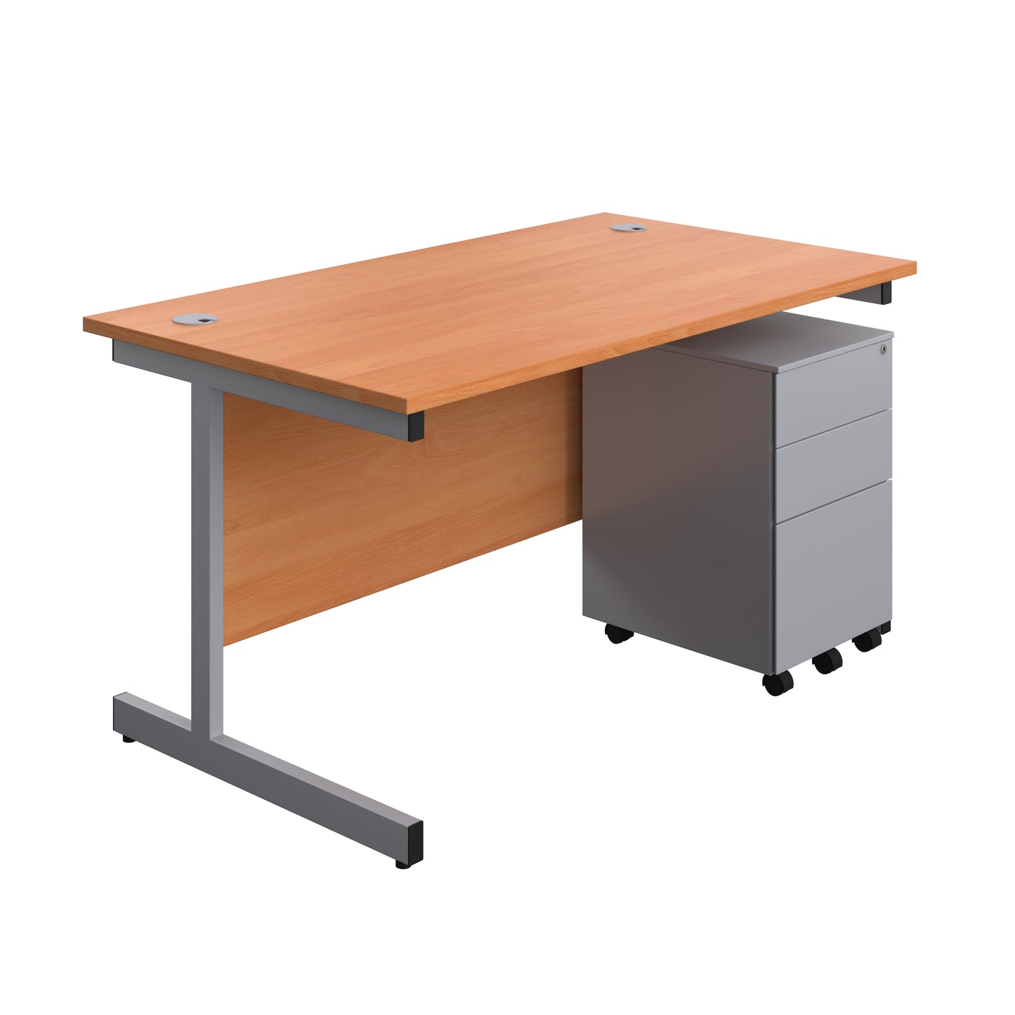 Aztec|Single Upright|Rectangular|Desk and Under Desk Steel Pedestal 3 Drawer|1400x800|Beech-Silver
