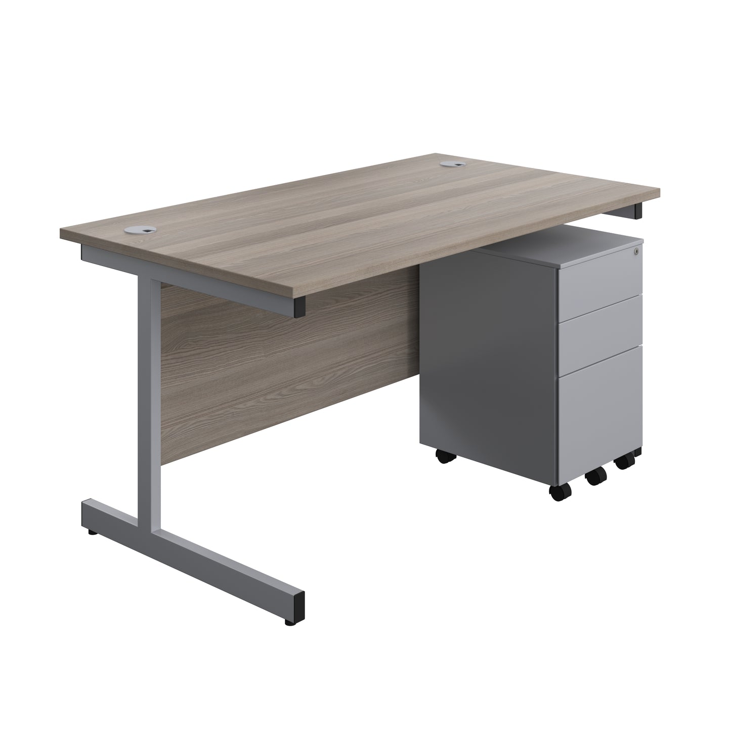 Aztec|Single Upright|Rectangular|Desk and Under Desk Steel Pedestal 3 Drawer|1400x800|Grey Oak-Silver
