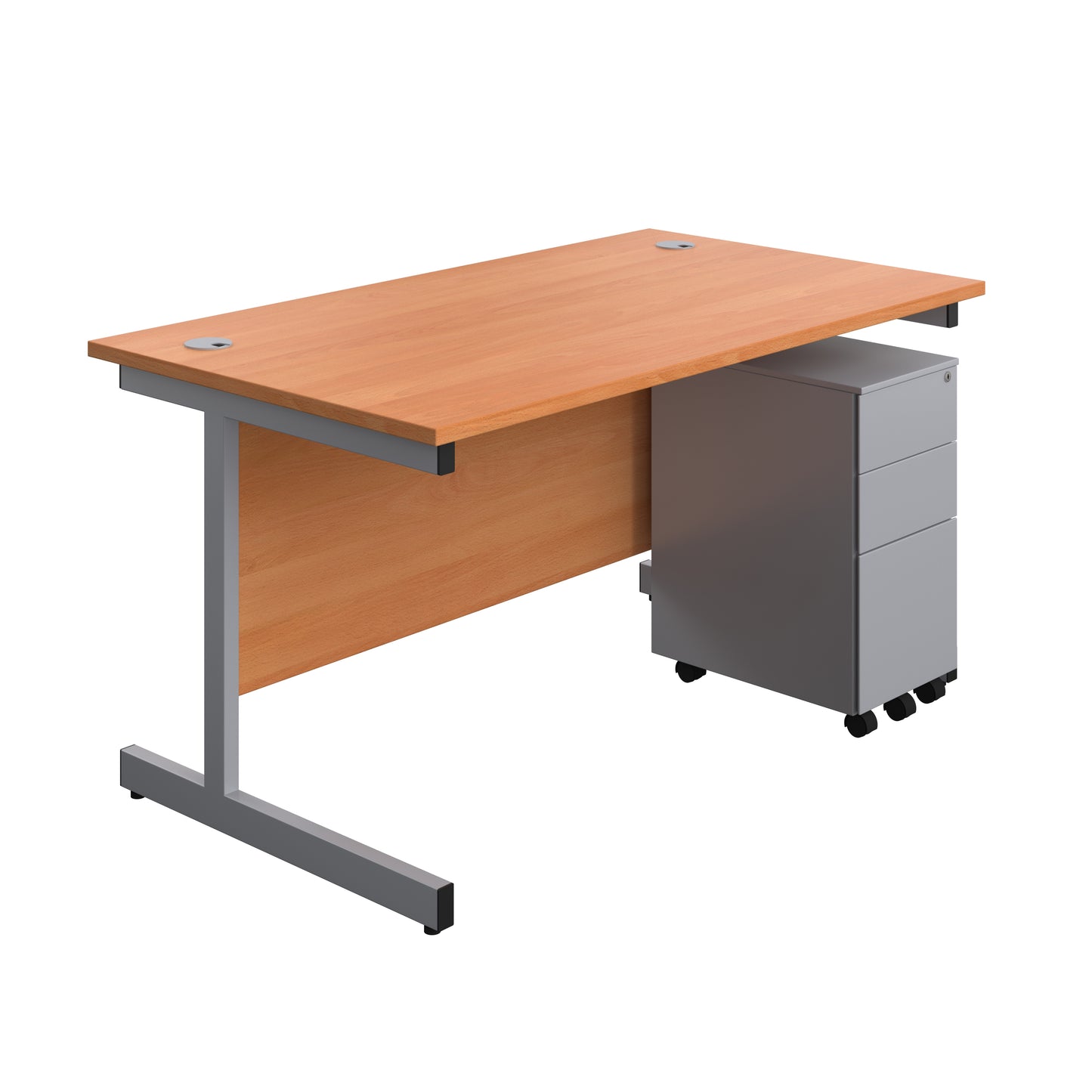 Aztec|Single Upright|Rectangular|Desk and Slimline Steel Pedestal 3 Drawer|1400x800|Beech-Silver