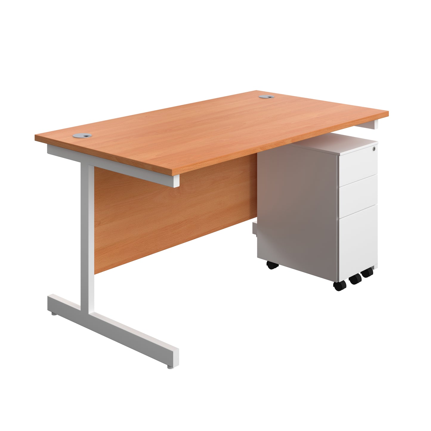 Aztec|Single Upright|Rectangular|Desk and Slimline Steel Pedestal 3 Drawer|1400x800|Beech-White