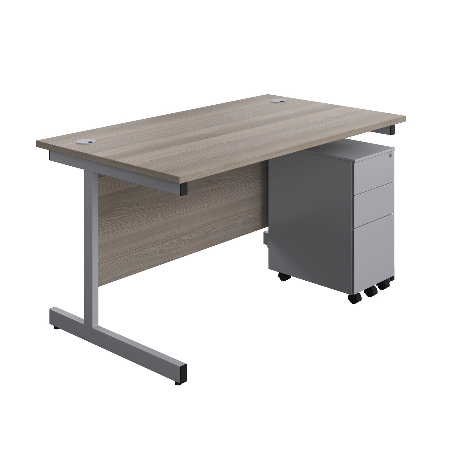 Aztec|Single Upright|Rectangular|Desk and Slimline Steel Pedestal 3 Drawer|1400x800|Grey Oak-Silver
