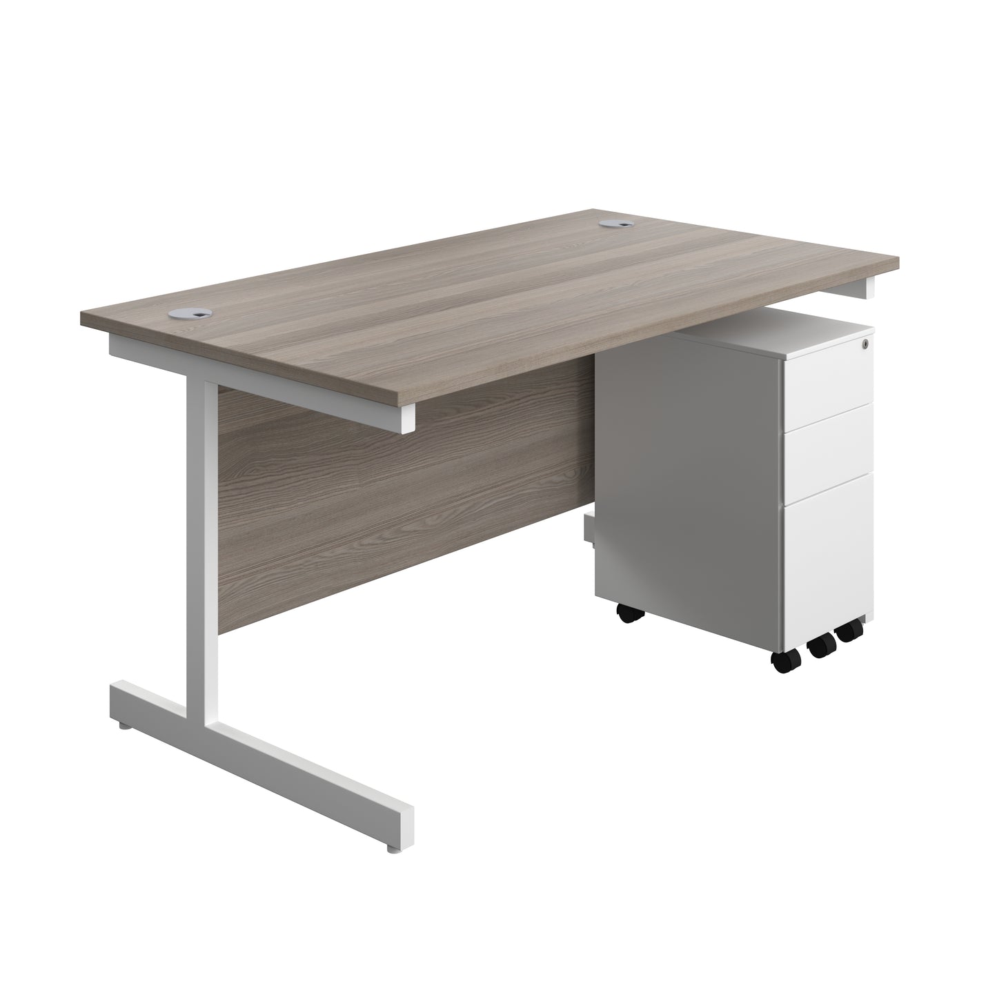 Aztec|Single Upright|Rectangular|Desk and Slimline Steel Pedestal 3 Drawer|1400x800|Grey Oak-White
