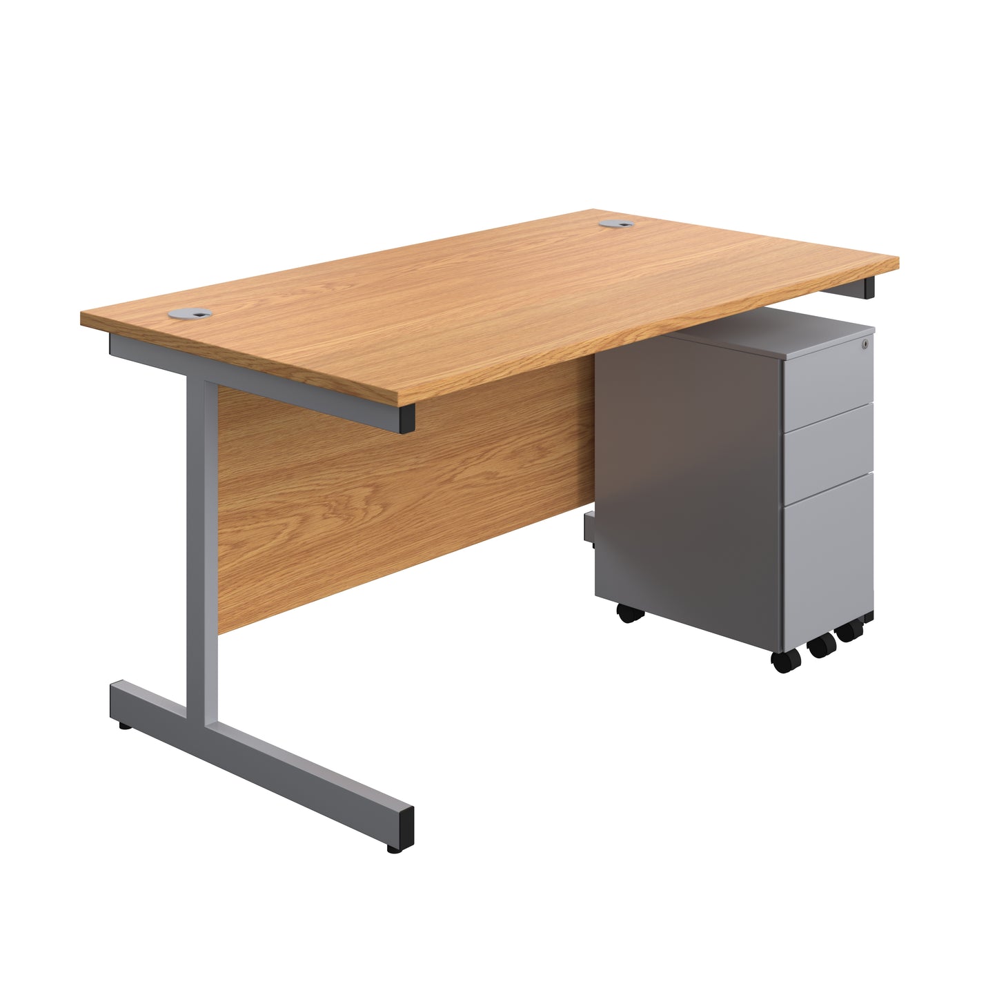 Aztec|Single Upright|Rectangular|Desk and Slimline Steel Pedestal 3 Drawer|1400x800|Nova Oak-Silver