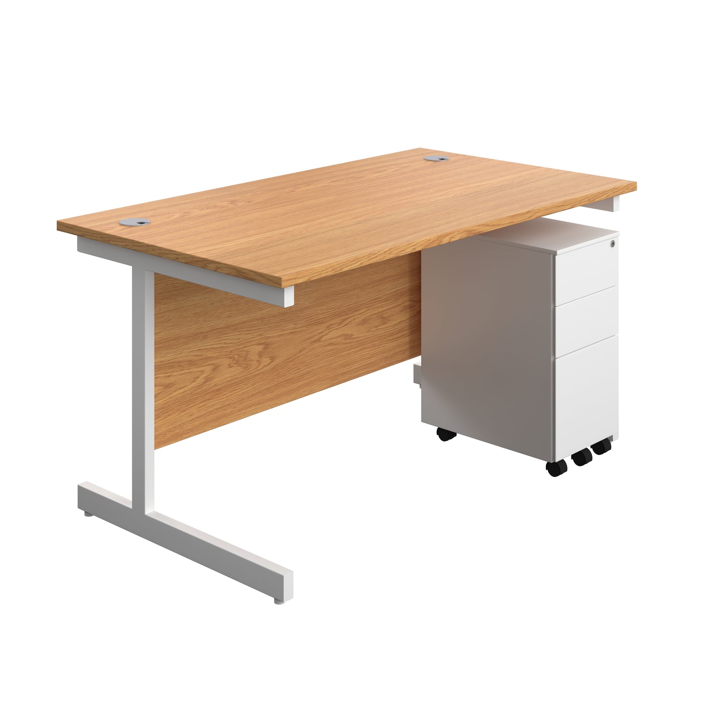 Aztec|Single Upright|Rectangular|Desk and Slimline Steel Pedestal 3 Drawer|1400x800|Nova Oak-White