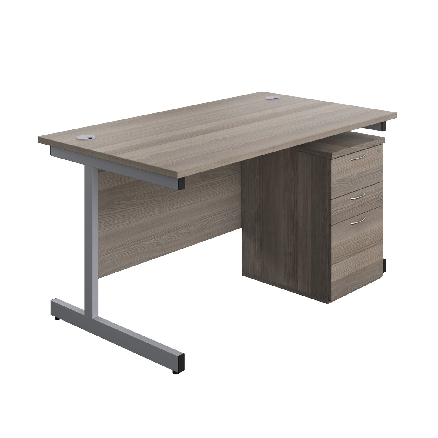Aztec|Single Upright|Rectangular|Desk and High Mobile Pedestal 3 Drawer|1400x800|Grey Oak-Silver