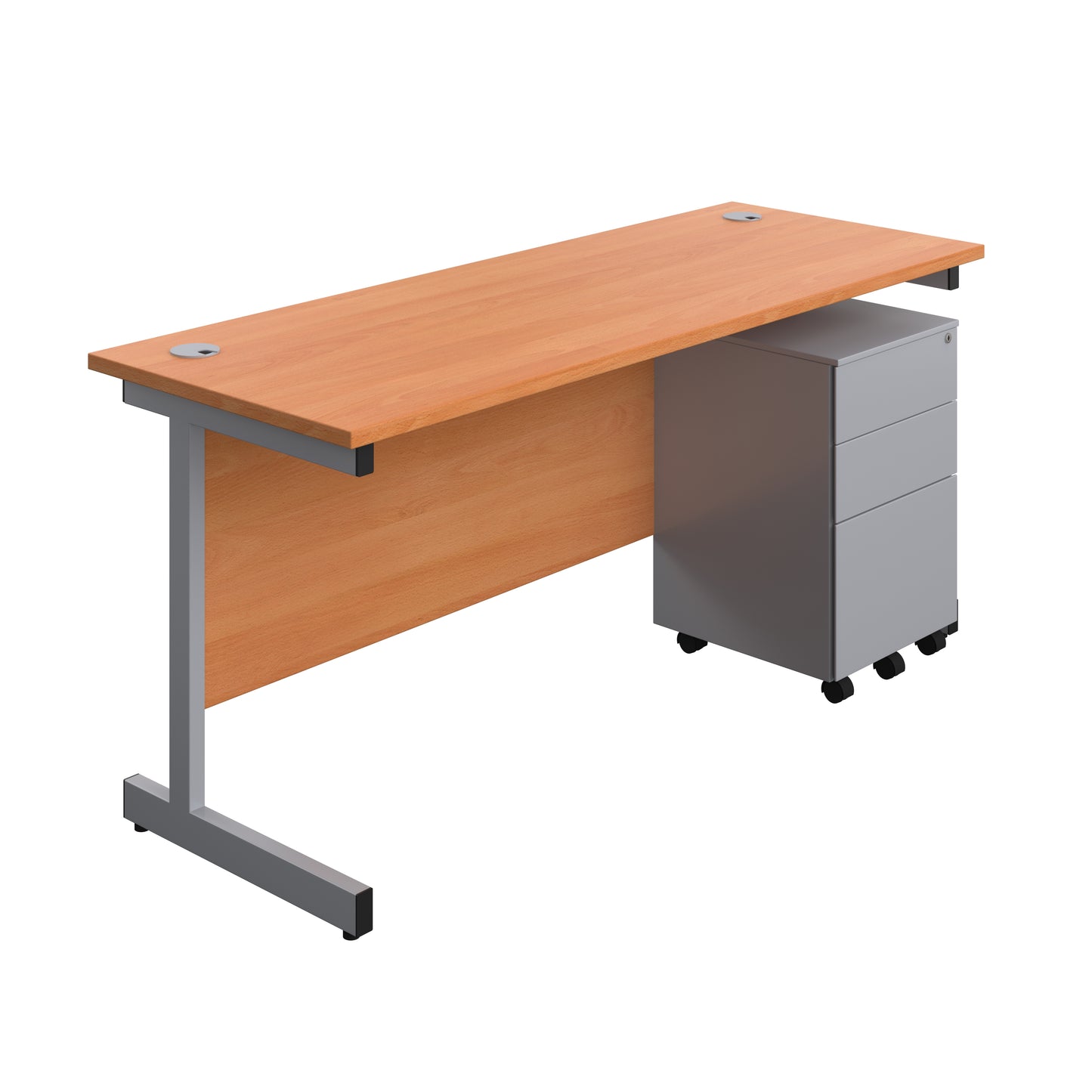Aztec|Single Upright|Rectangular|Desk and Under Desk Steel Pedestal 3 Drawer|1600x600|Beech-Silver
