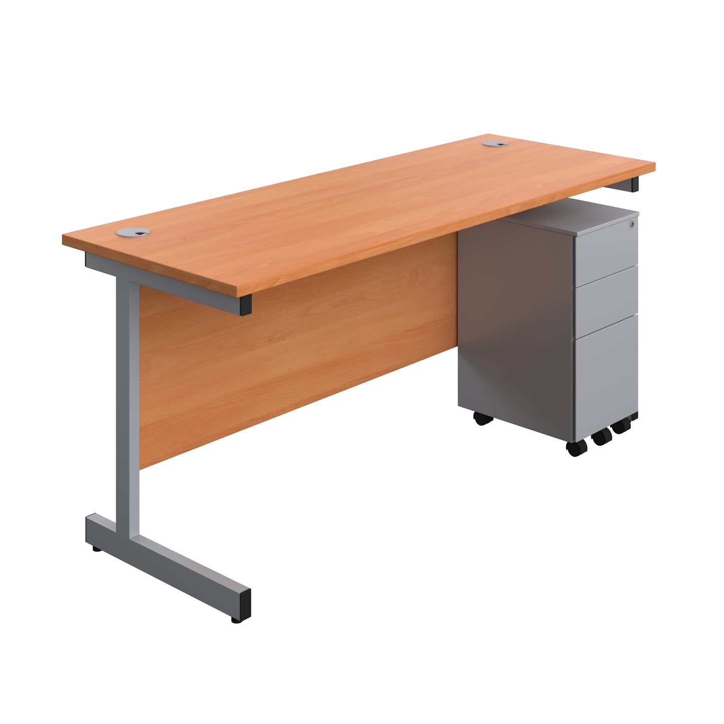 Aztec|Single Upright|Rectangular|Desk and Slimline Steel Pedestal 3 Drawer|1600x600|Beech-Silver