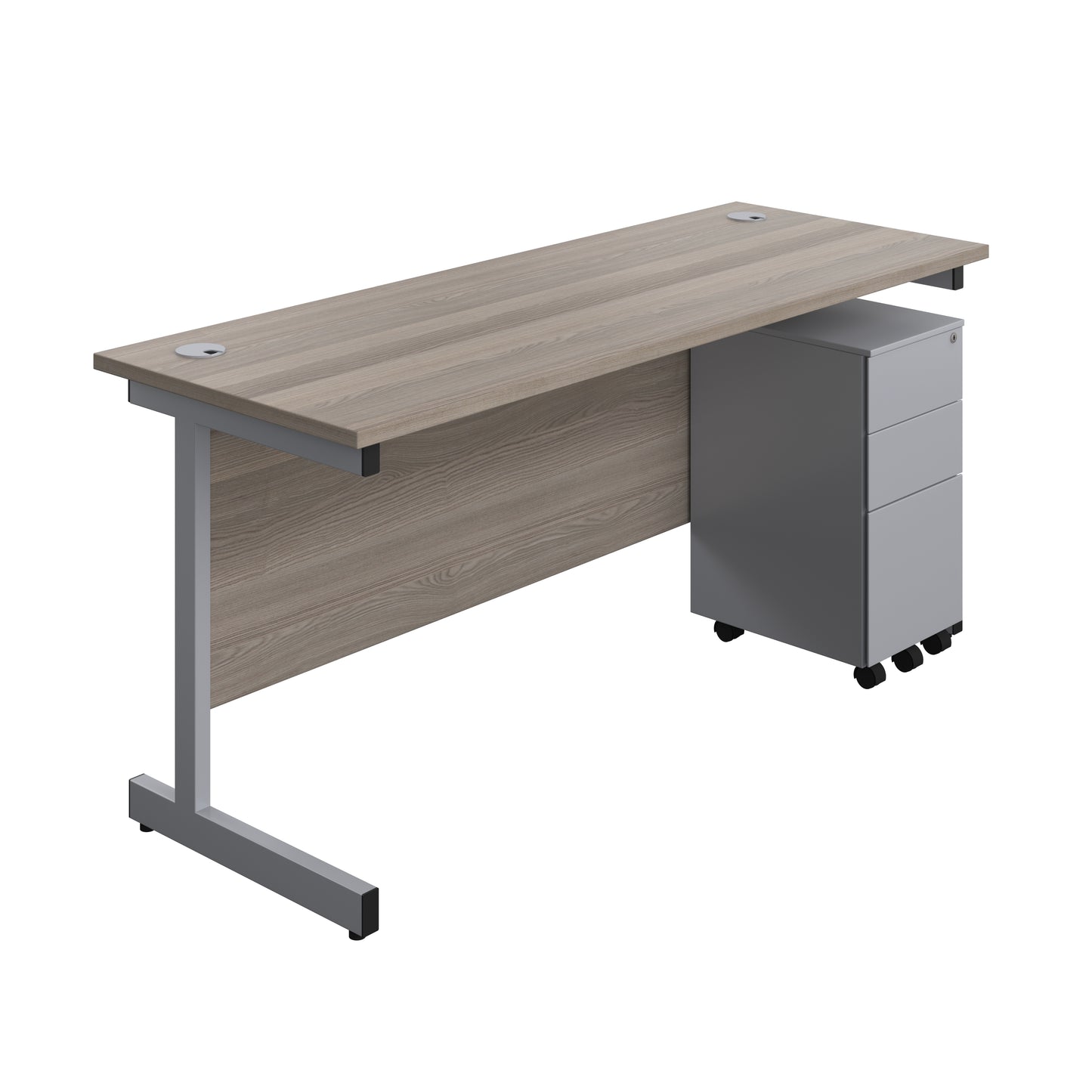 Aztec|Single Upright|Rectangular|Desk and Slimline Steel Pedestal 3 Drawer|1600x600|Grey Oak-Silver