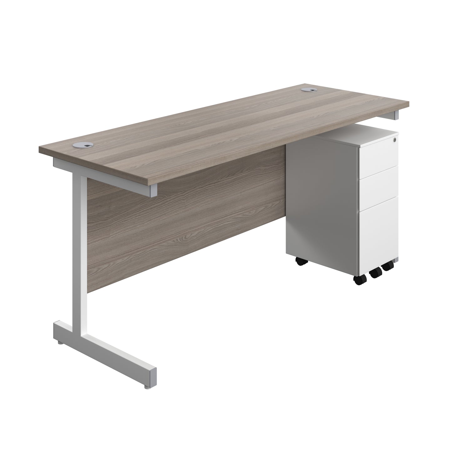 Aztec|Single Upright|Rectangular|Desk and Slimline Steel Pedestal 3 Drawer|1600x600|Grey Oak-White