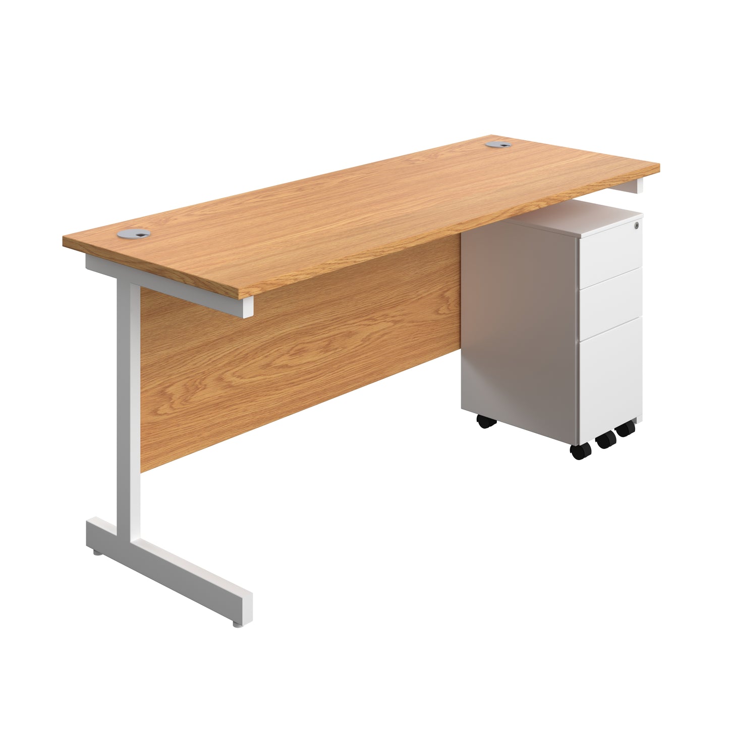 Aztec|Single Upright|Rectangular|Desk and Slimline Steel Pedestal 3 Drawer|1600x600|Nova Oak-White