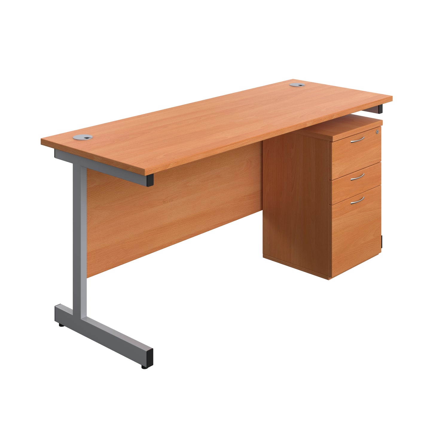 Aztec|Single Upright|Rectangular|Desk and High Mobile Pedestal 3 Drawer|1600x600|Beech-Silver