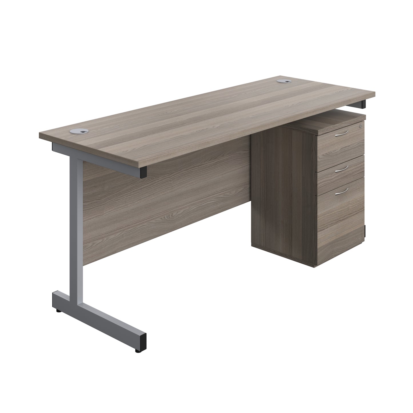 Aztec|Single Upright|Rectangular|Desk and High Mobile Pedestal 3 Drawer|1600x600|Grey Oak-Silver