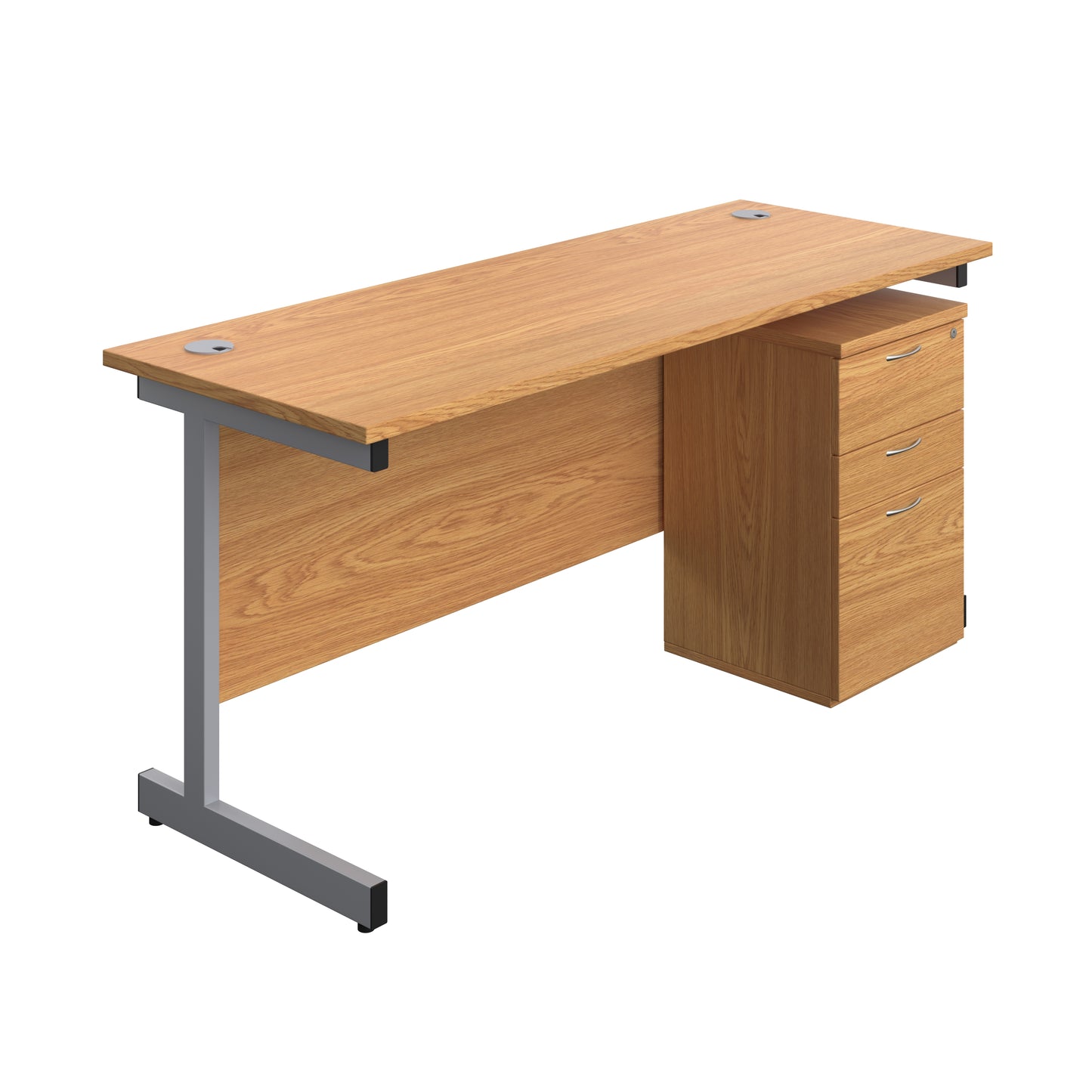 Aztec|Single Upright|Rectangular|Desk and High Mobile Pedestal 3 Drawer|1600x600|Nova Oak-Silver