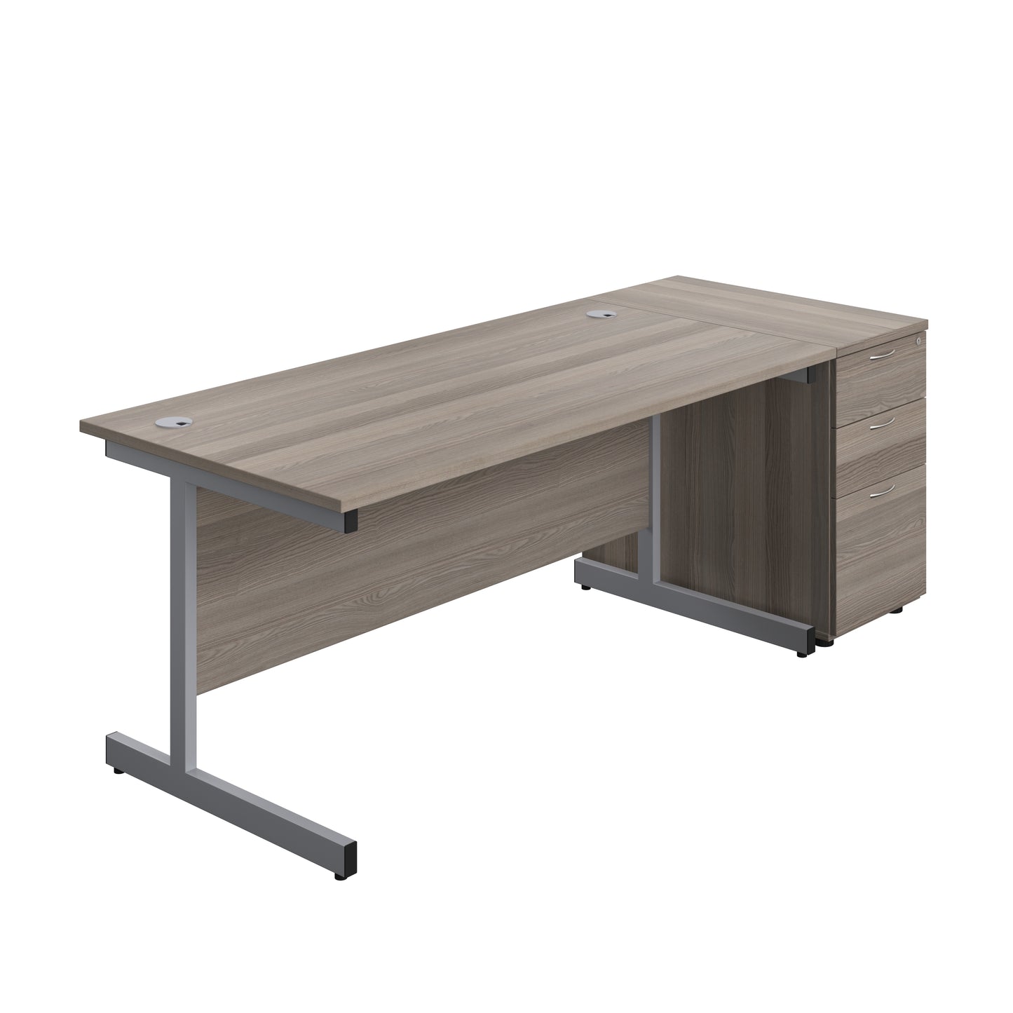 Aztec|Single Upright|Rectangular|Desk and Desk High 3 Drawer Pedestal|1600x800|Grey Oak-Silver
