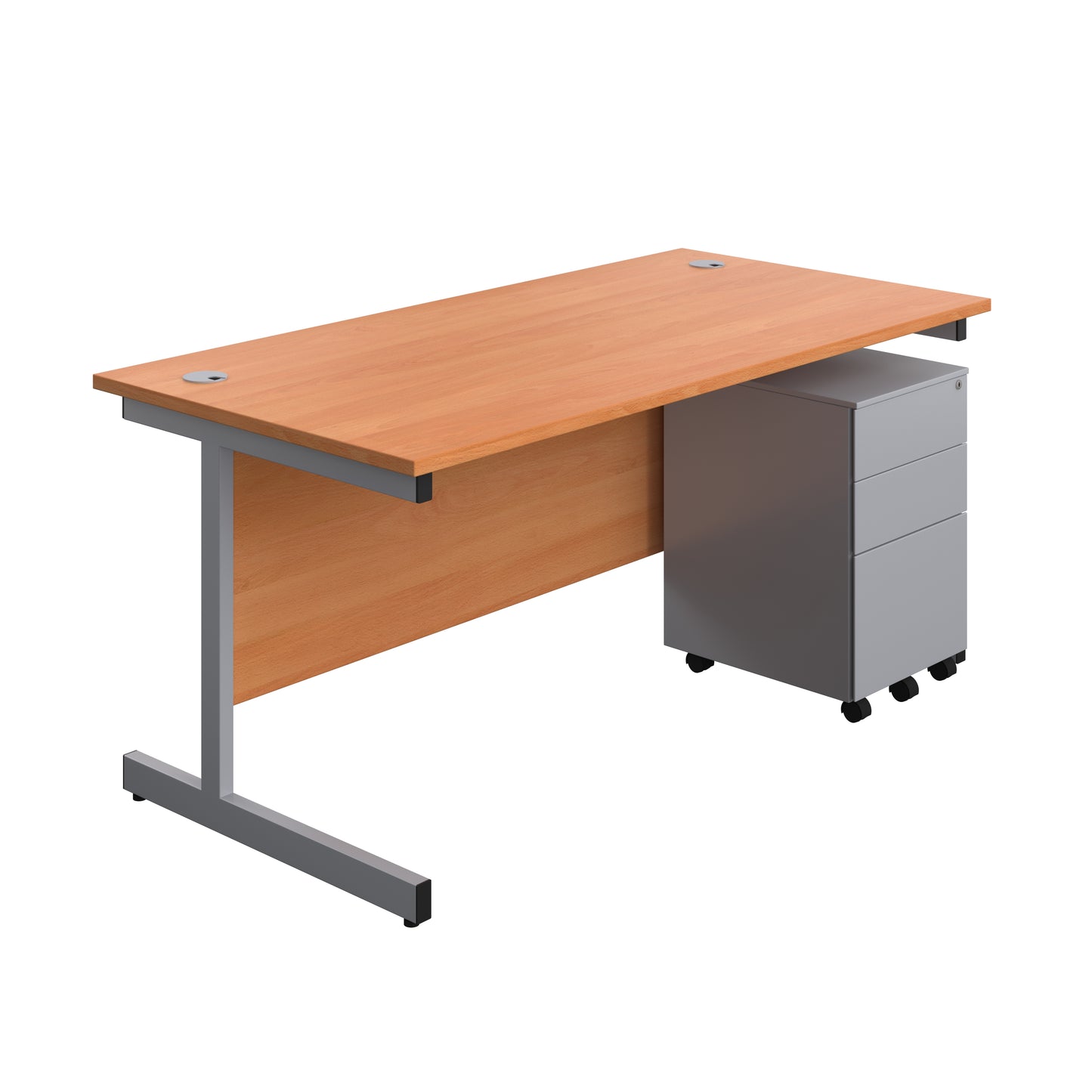 Aztec|Single Upright|Rectangular|Desk and Under Desk Steel Pedestal 3 Drawer|1600x800|Beech-Silver