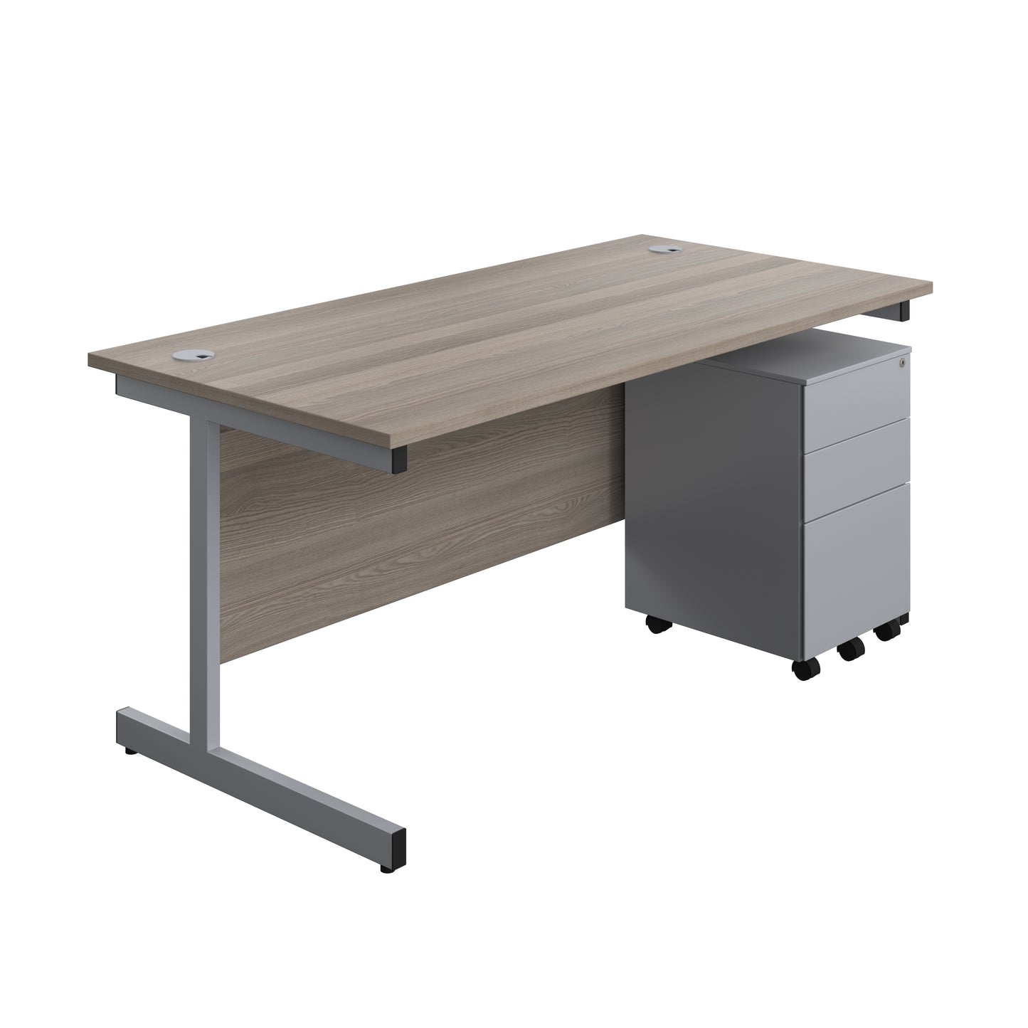 Aztec|Single Upright|Rectangular|Desk and Under Desk Steel Pedestal 3 Drawer|1600x800|Grey Oak-Silver