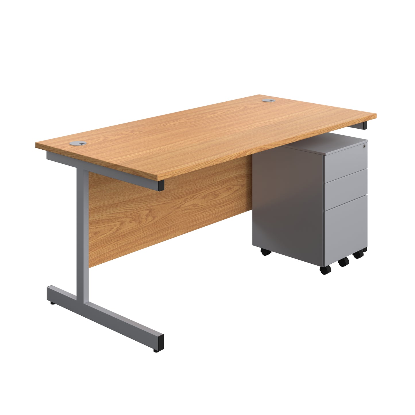 Aztec|Single Upright|Rectangular|Desk and Under Desk Steel Pedestal 3 Drawer|1600x800|Nova Oak-Silver