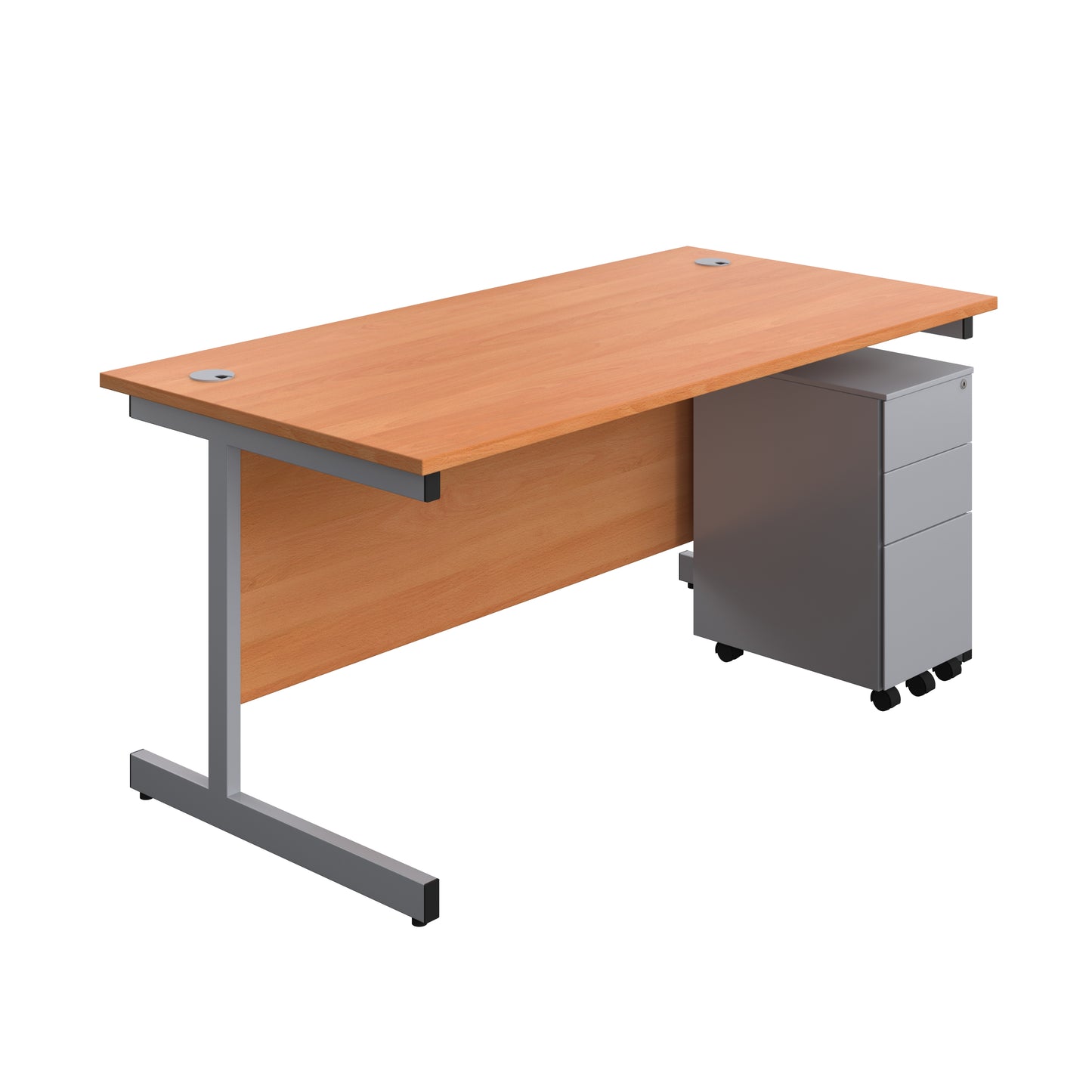 Aztec|Single Upright|Rectangular|Desk and Slimline Steel Pedestal 3 Drawer|1600x800|Beech-Silver