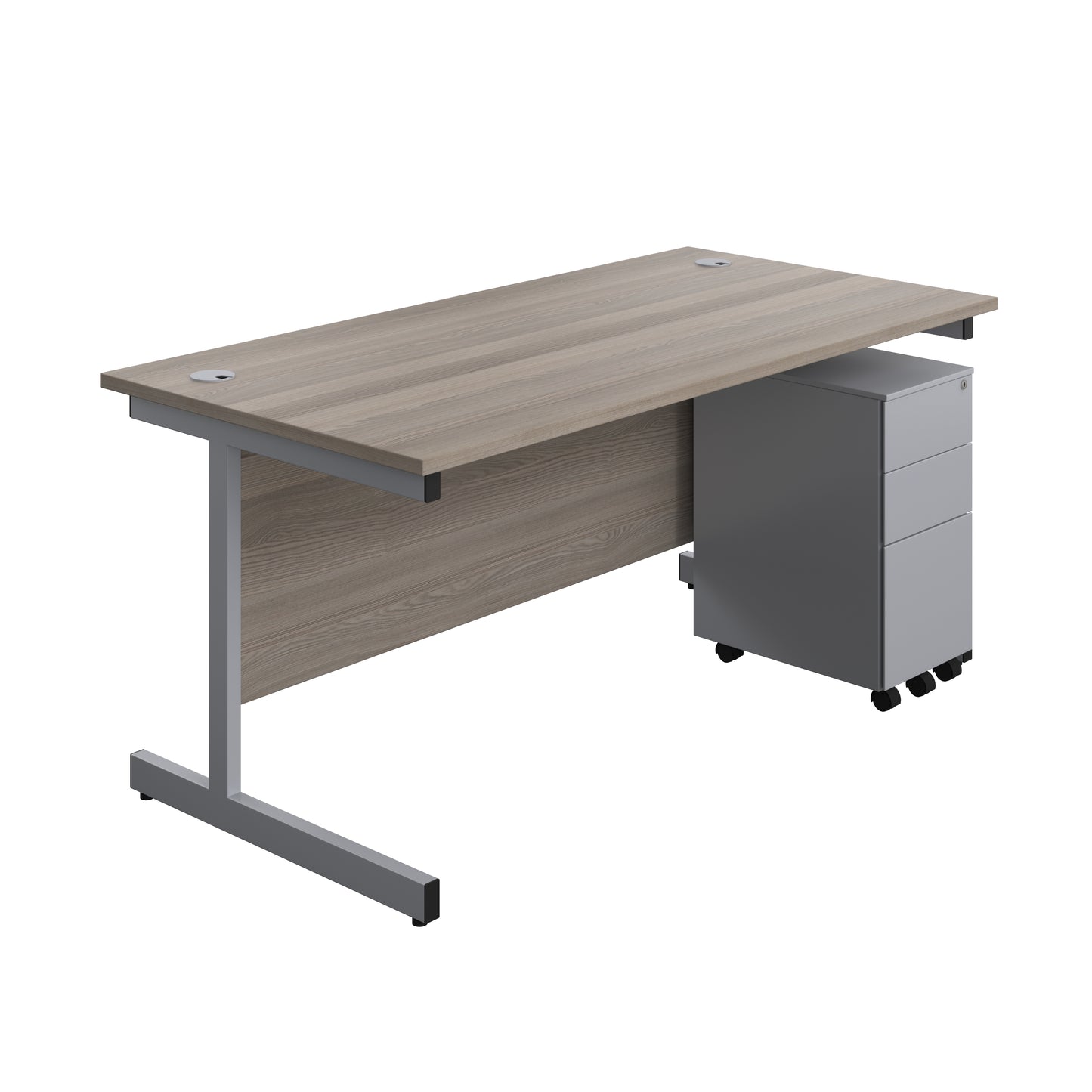 Aztec|Single Upright|Rectangular|Desk and Slimline Steel Pedestal 3 Drawer|1600x800|Grey Oak-Silver