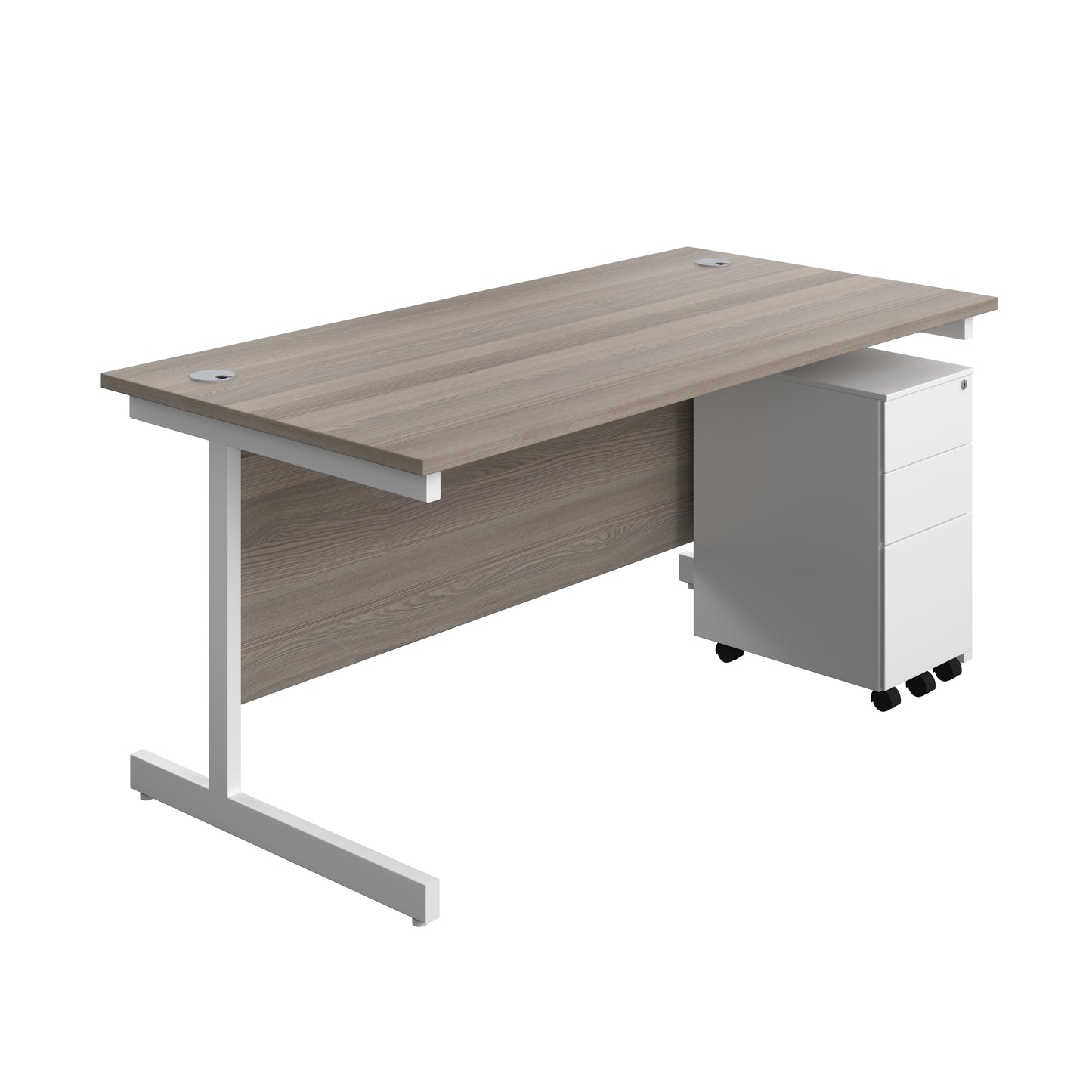 Aztec|Single Upright|Rectangular|Desk and Slimline Steel Pedestal 3 Drawer|1600x800|Grey Oak-White