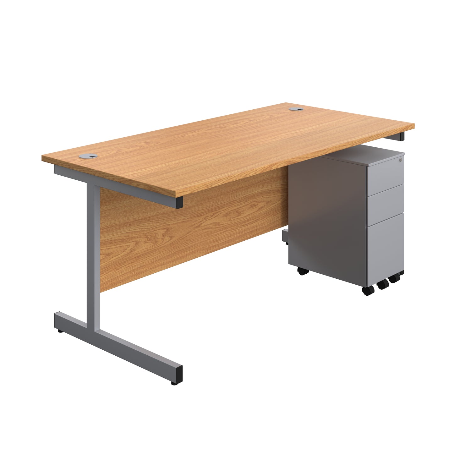 Aztec|Single Upright|Rectangular|Desk and Slimline Steel Pedestal 3 Drawer|1600x800|Nova Oak-Silver
