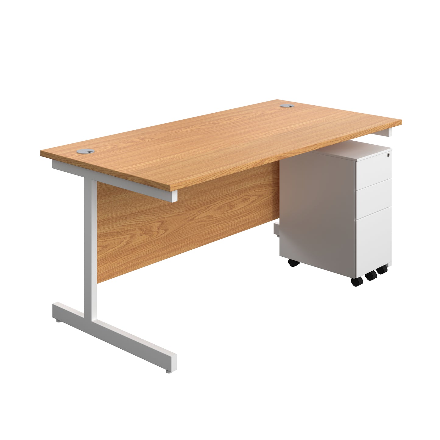 Aztec|Single Upright|Rectangular|Desk and Slimline Steel Pedestal 3 Drawer|1600x800|Nova Oak-White