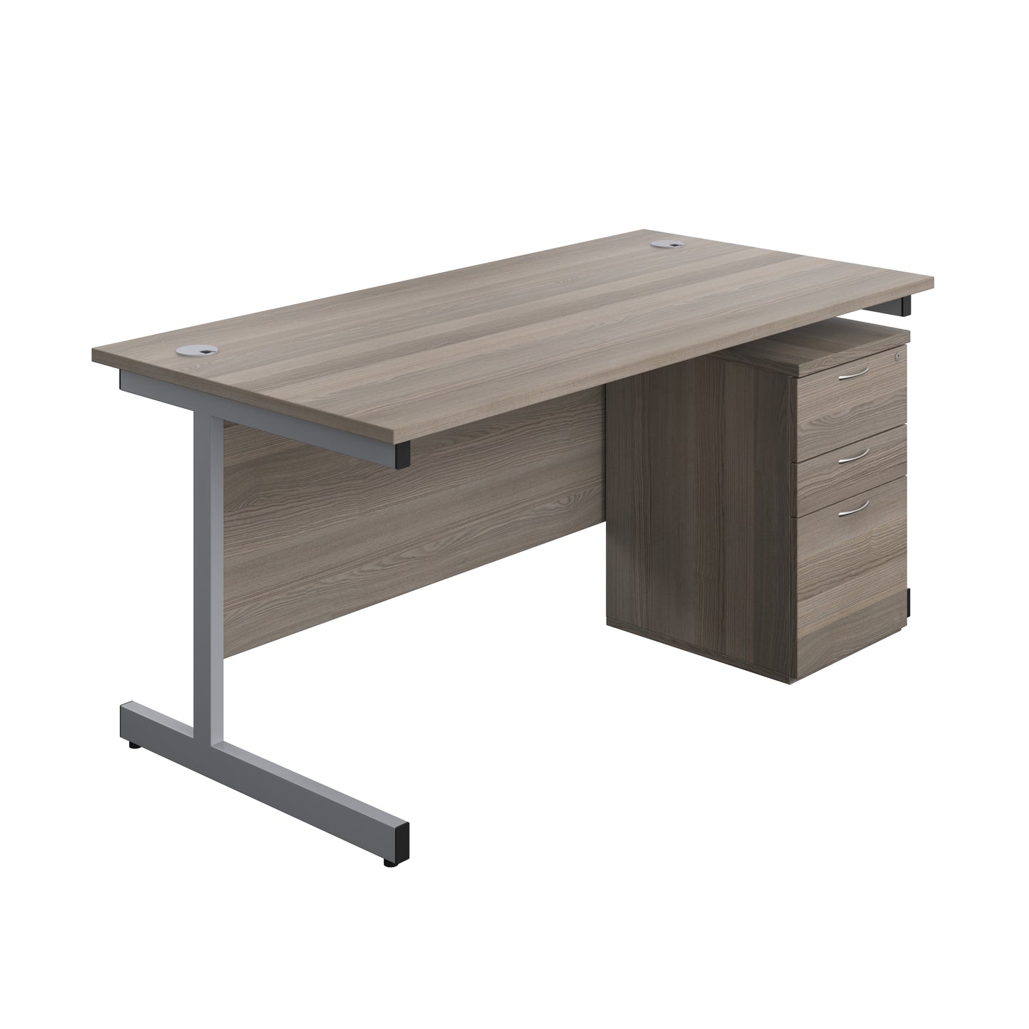 Aztec|Single Upright|Rectangular|Desk and High Mobile Pedestal 3 Drawer|1600x800|Grey Oak-Silver